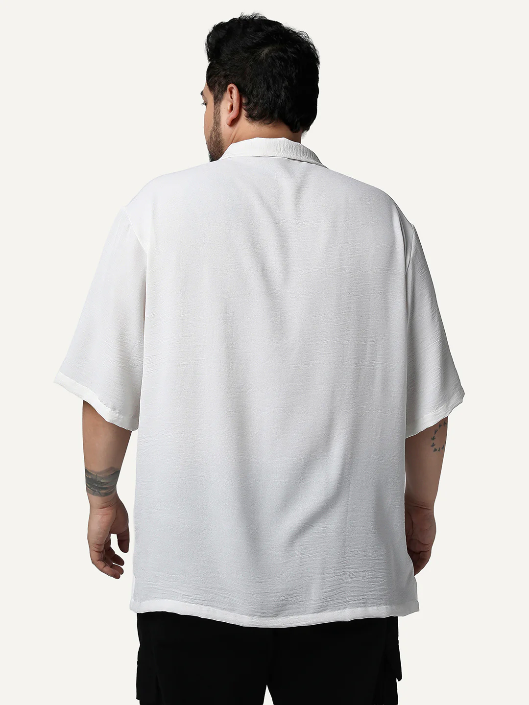 Plus Men's White Cotton Half Sleeve Relaxed Fit Textured Shirt with Cuban Collar - Image 3