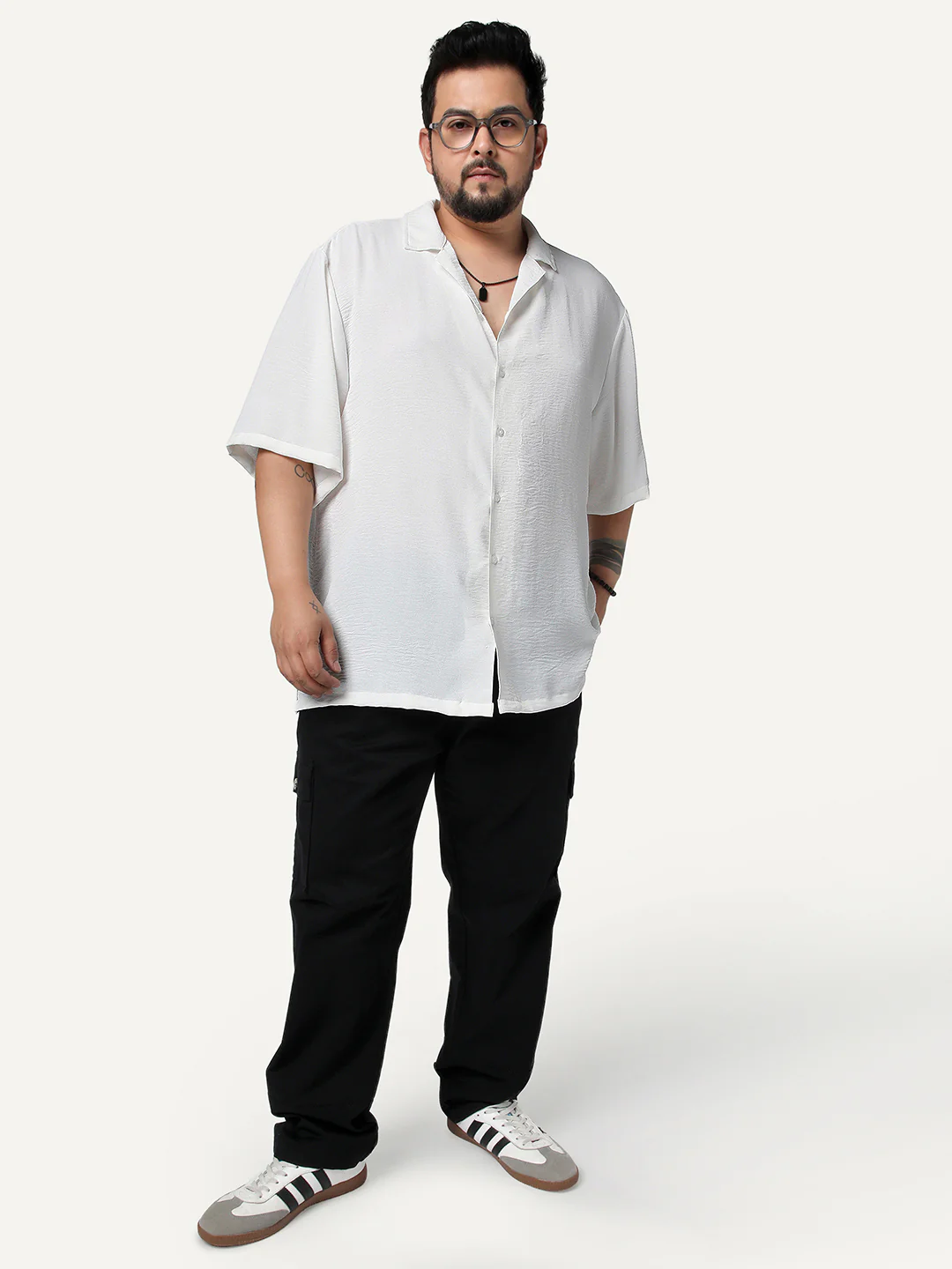 Plus Men's White Cotton Half Sleeve Relaxed Fit Textured Shirt with Cuban Collar - Image 4