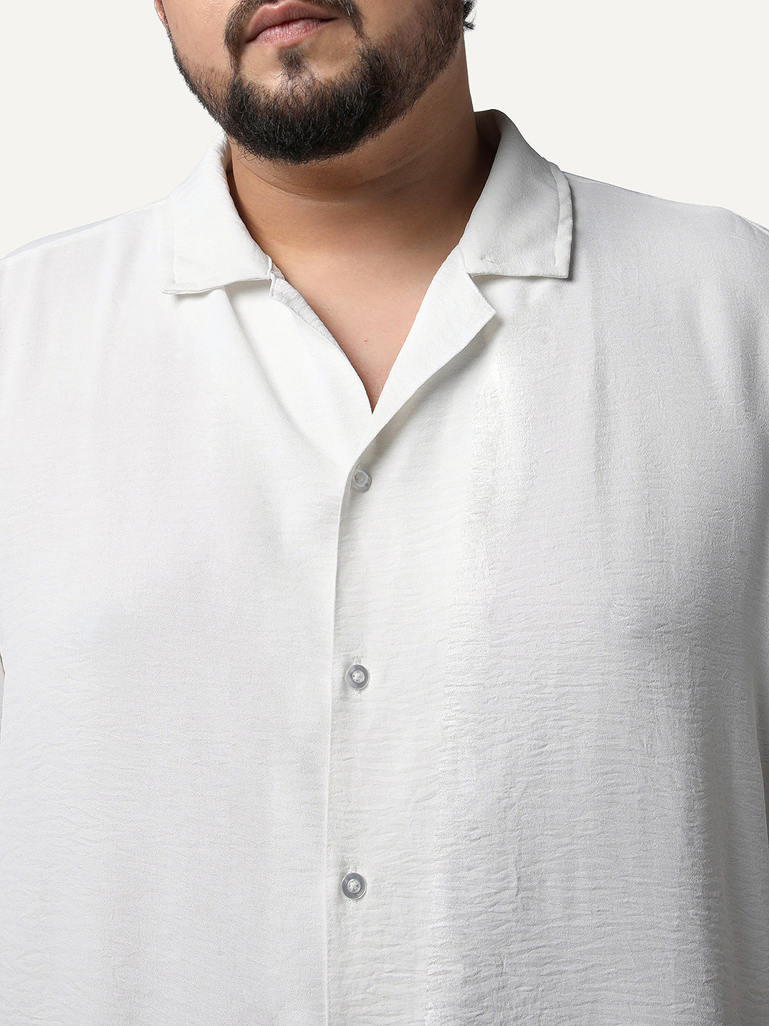 Plus Men's White Cotton Half Sleeve Relaxed Fit Textured Shirt with Cuban Collar - Image 5
