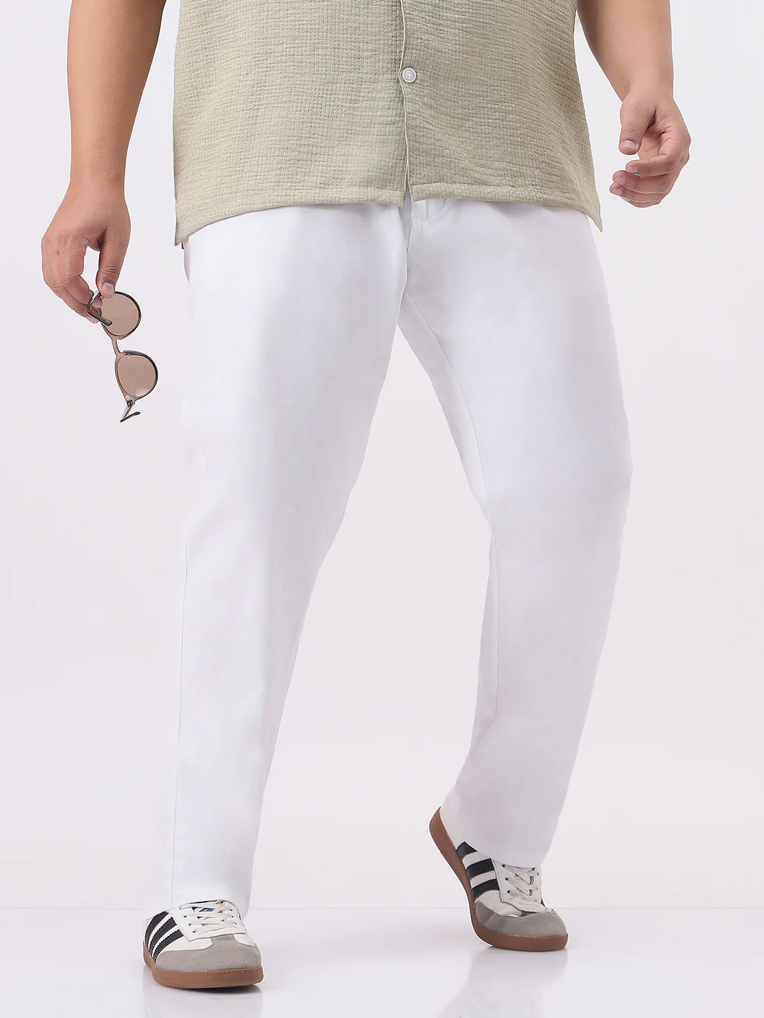 Plus Men's White Cotton Regular Fit Casual Chinos Trousers Stretch