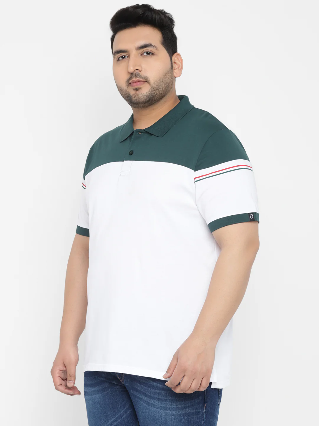 Plus Men's White, Green Colour-Block Regular Fit Half Sleeve Cotton Polo T-Shirt - Image 2