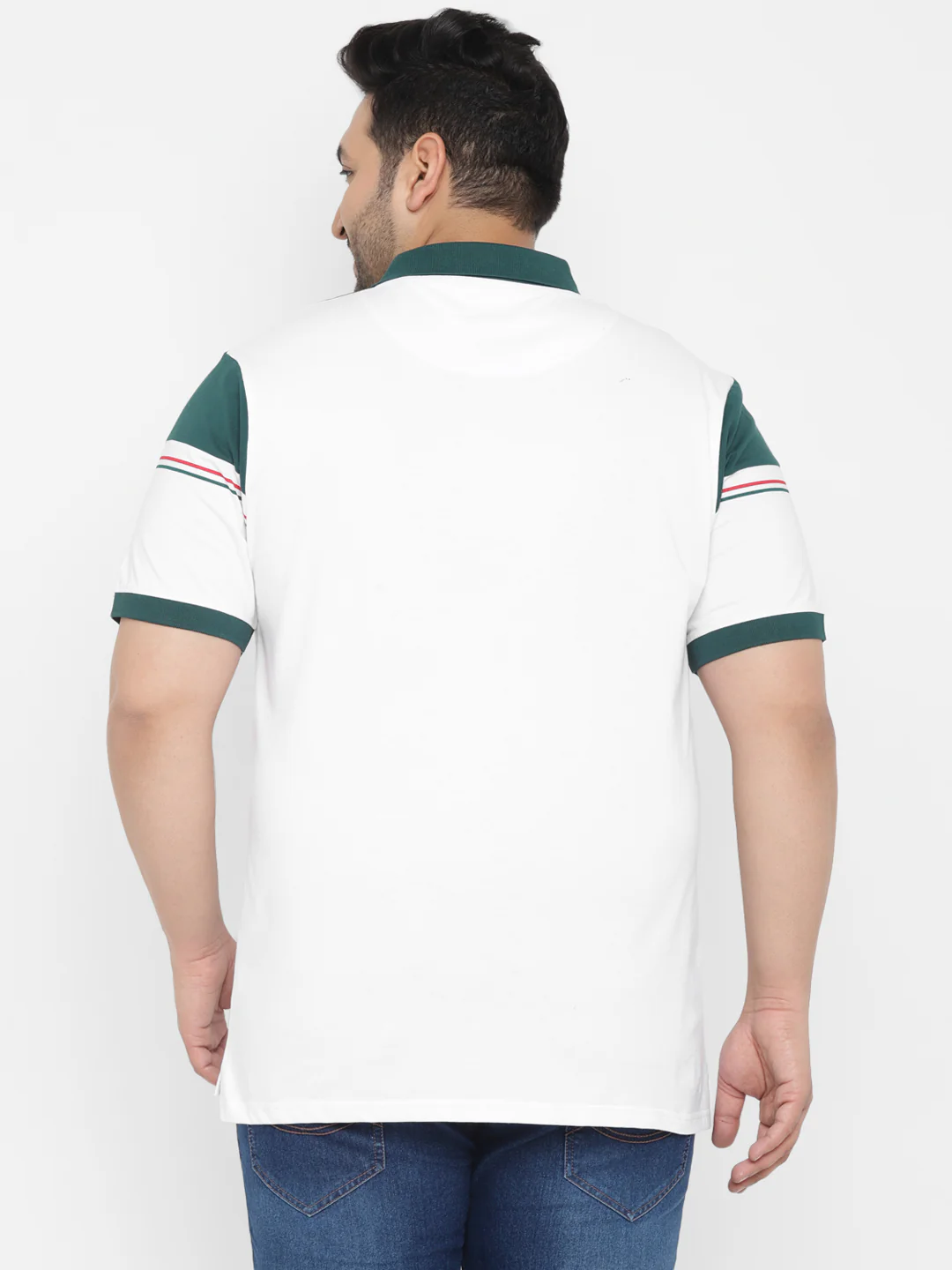 Plus Men's White, Green Colour-Block Regular Fit Half Sleeve Cotton Polo T-Shirt - Image 3