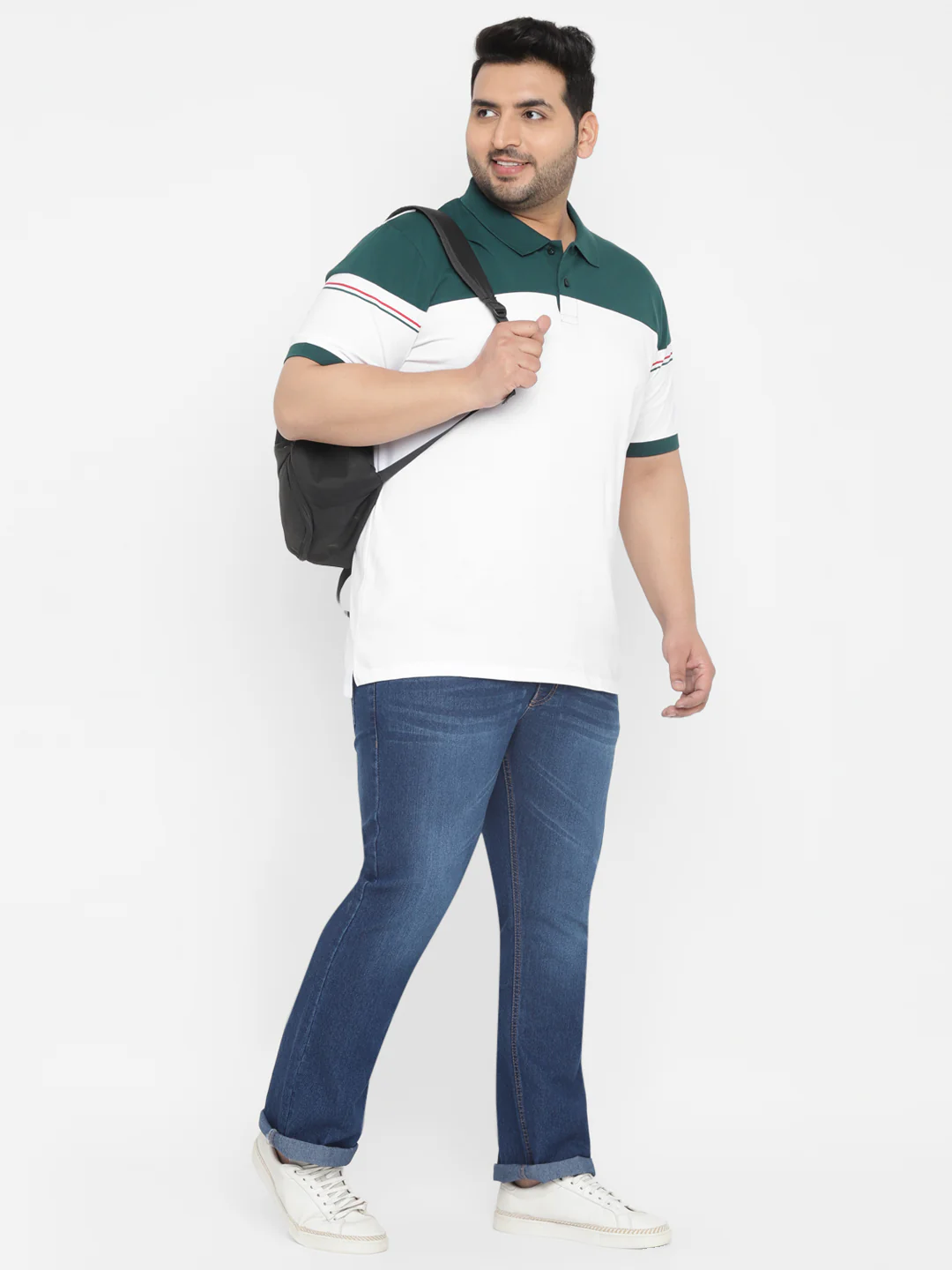 Plus Men's White, Green Colour-Block Regular Fit Half Sleeve Cotton Polo T-Shirt - Image 4