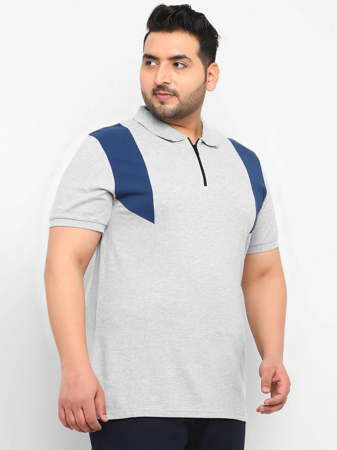 Plus Men's White, Grey Melange, Dark Blue Colour-Block Regular Fit Half Sleeve Cotton Polo T-Shirt - Image 2