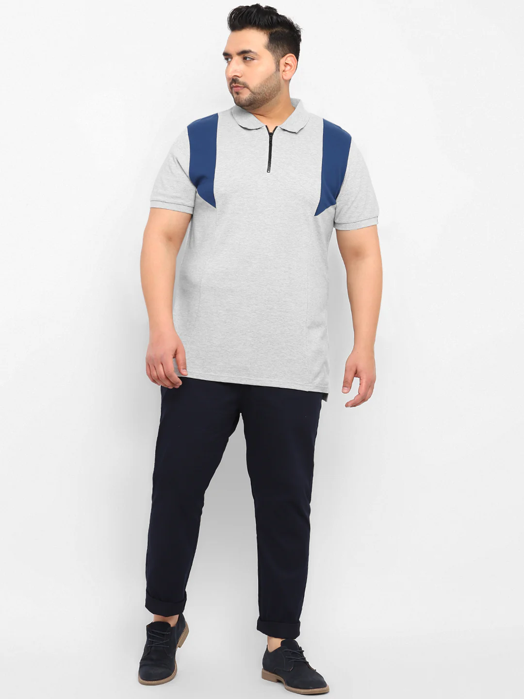 Plus Men's White, Grey Melange, Dark Blue Colour-Block Regular Fit Half Sleeve Cotton Polo T-Shirt - Image 4
