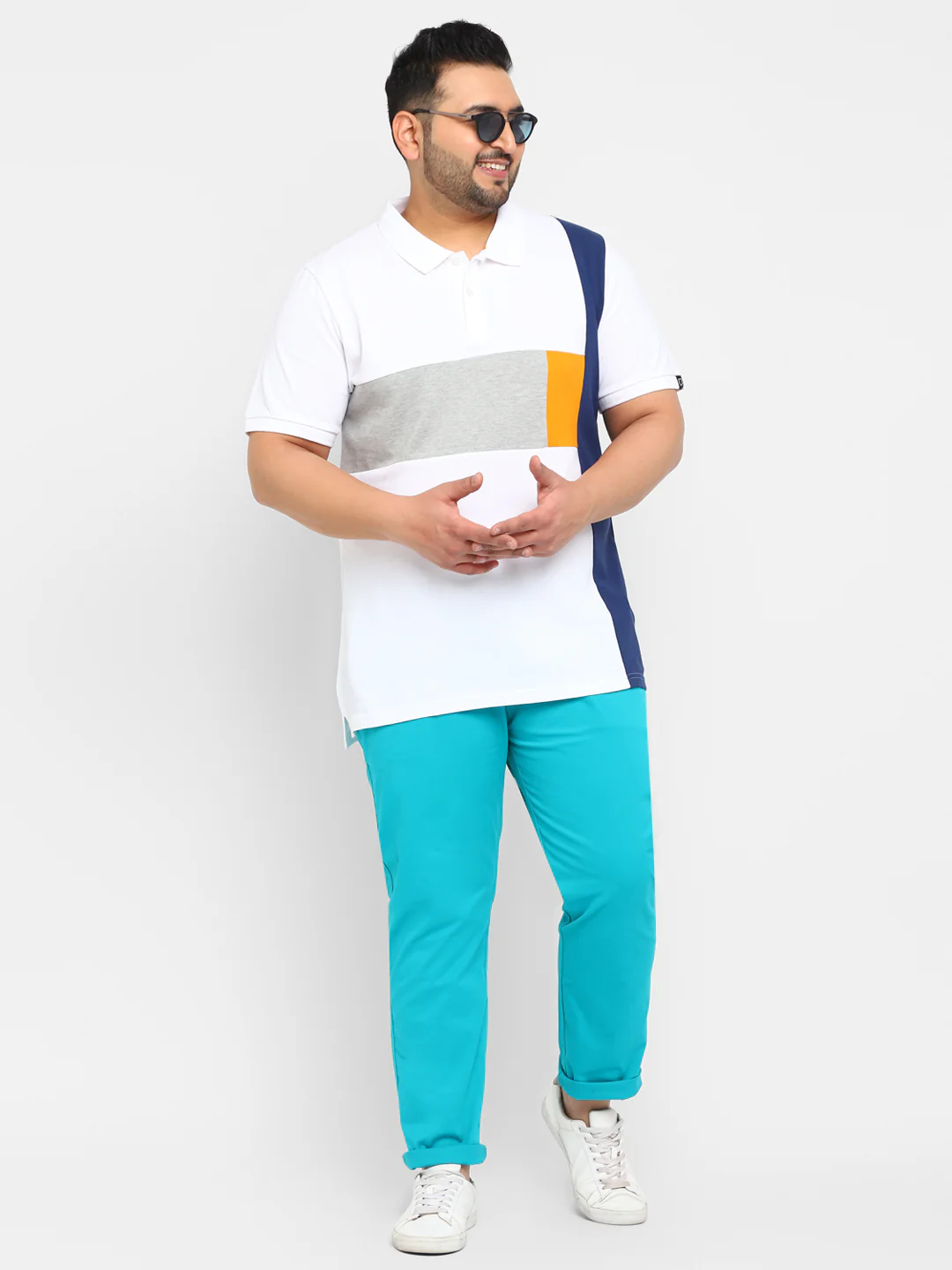 Plus Men's White, Grey Melange, Dark Blue Colour-Block Regular Fit Half Sleeve Cotton Polo T-Shirt - Image 4