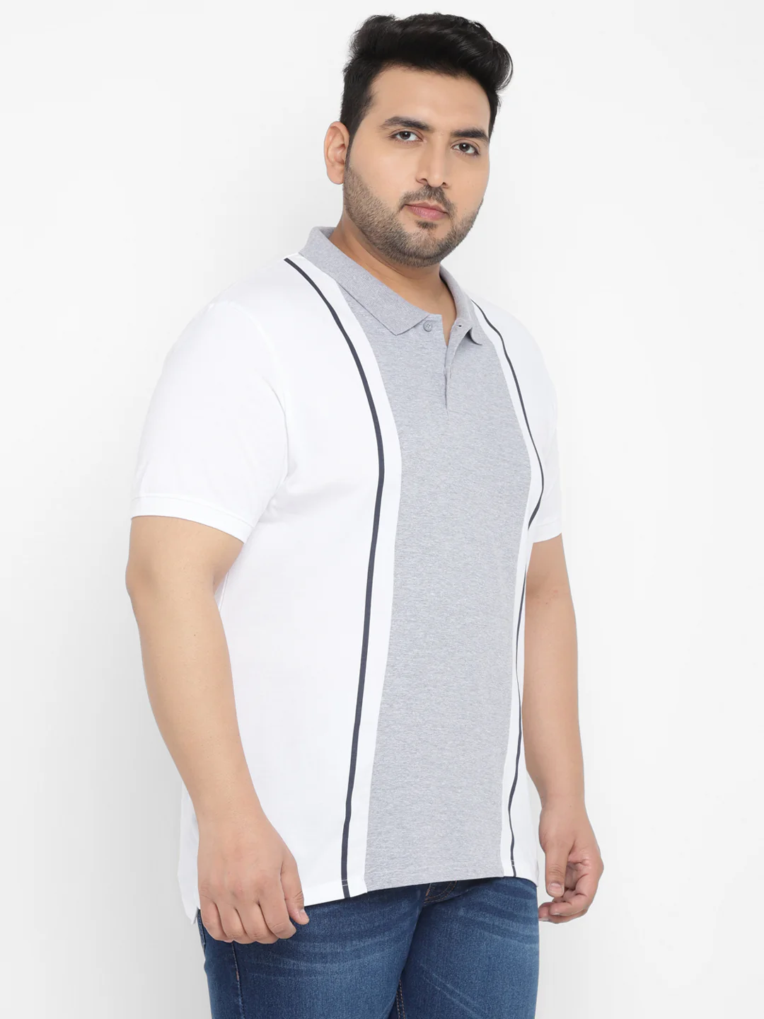Plus Men's White, Grey, Navy Blue Colour-Block Regular Fit Half Sleeve Cotton Polo T-Shirt - Image 2