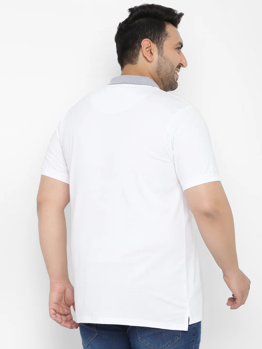 Plus Men's White, Grey, Navy Blue Colour-Block Regular Fit Half Sleeve Cotton Polo T-Shirt - Image 3