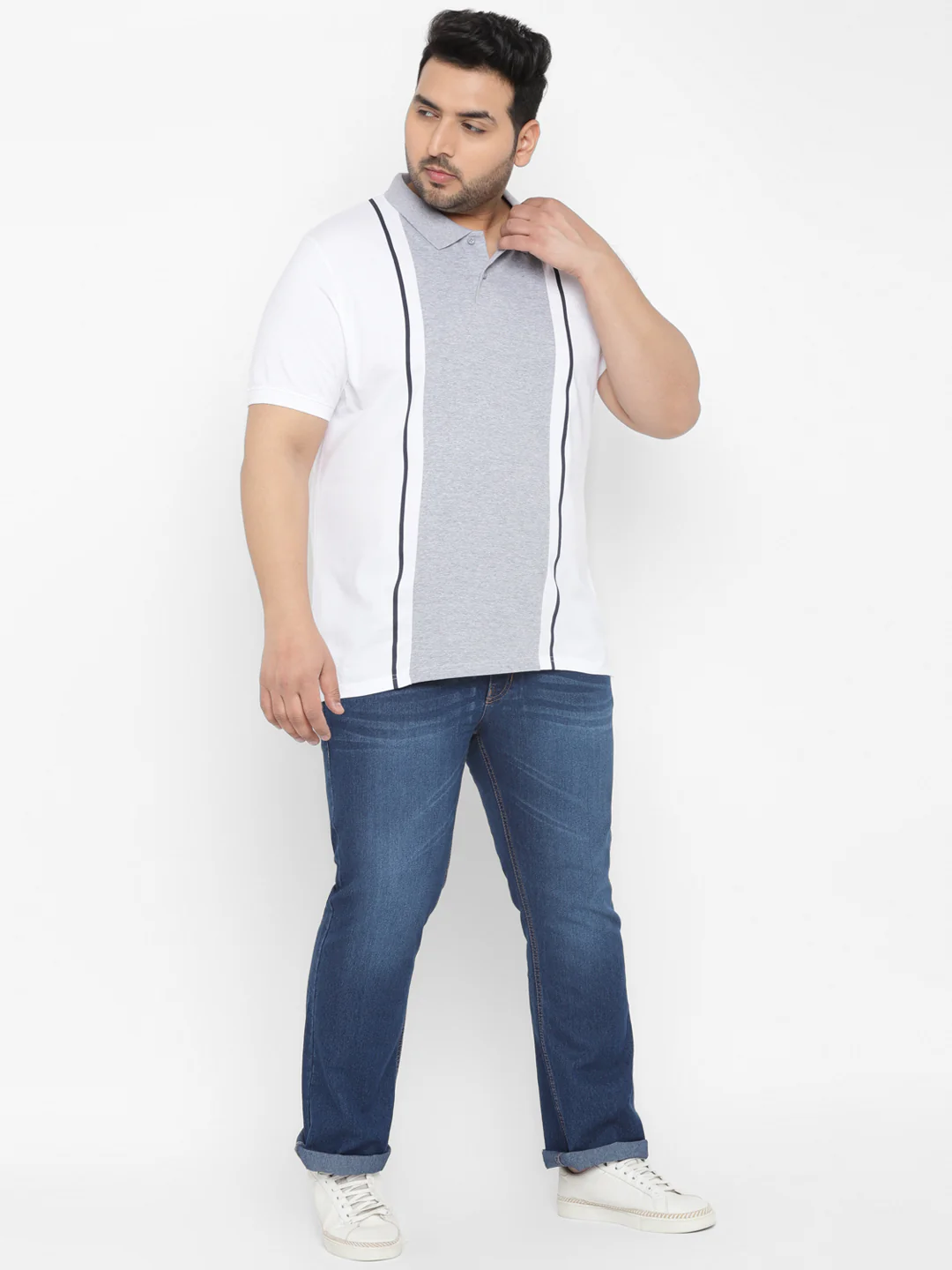 Plus Men's White, Grey, Navy Blue Colour-Block Regular Fit Half Sleeve Cotton Polo T-Shirt - Image 4