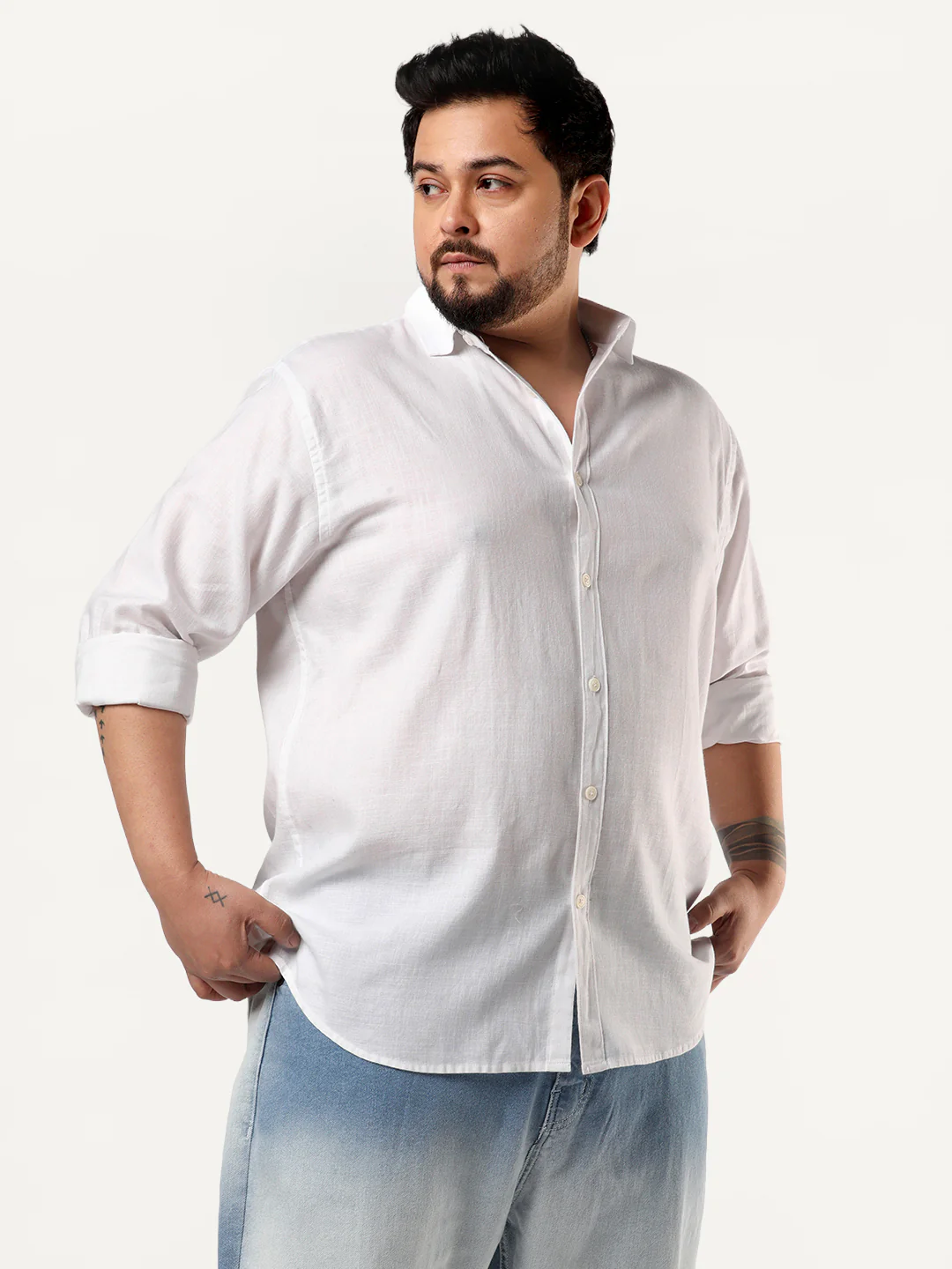 Plus Men's White Linen Blend Full Sleeve Relaxed Fit Casual Solid Shirt - Image 3