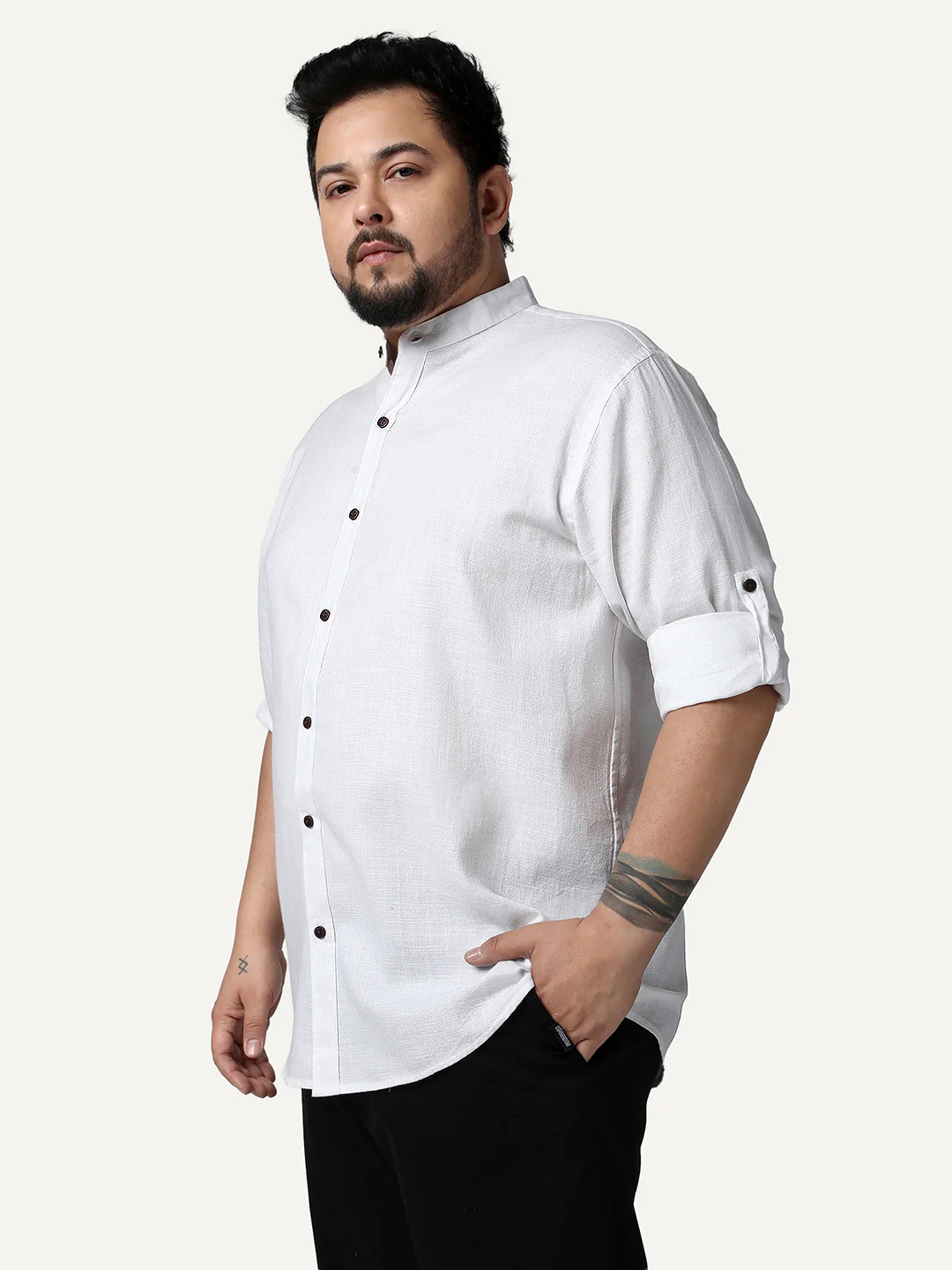 Plus Men's White Linen Blend Full Sleeve Relaxed Fit Mandarin Collar Casual Solid Shirt - Image 2