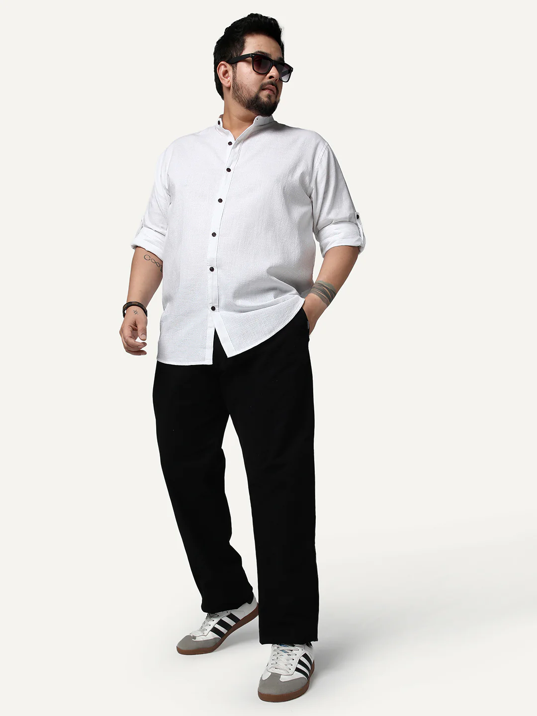 Plus Men's White Linen Blend Full Sleeve Relaxed Fit Mandarin Collar Casual Solid Shirt - Image 4