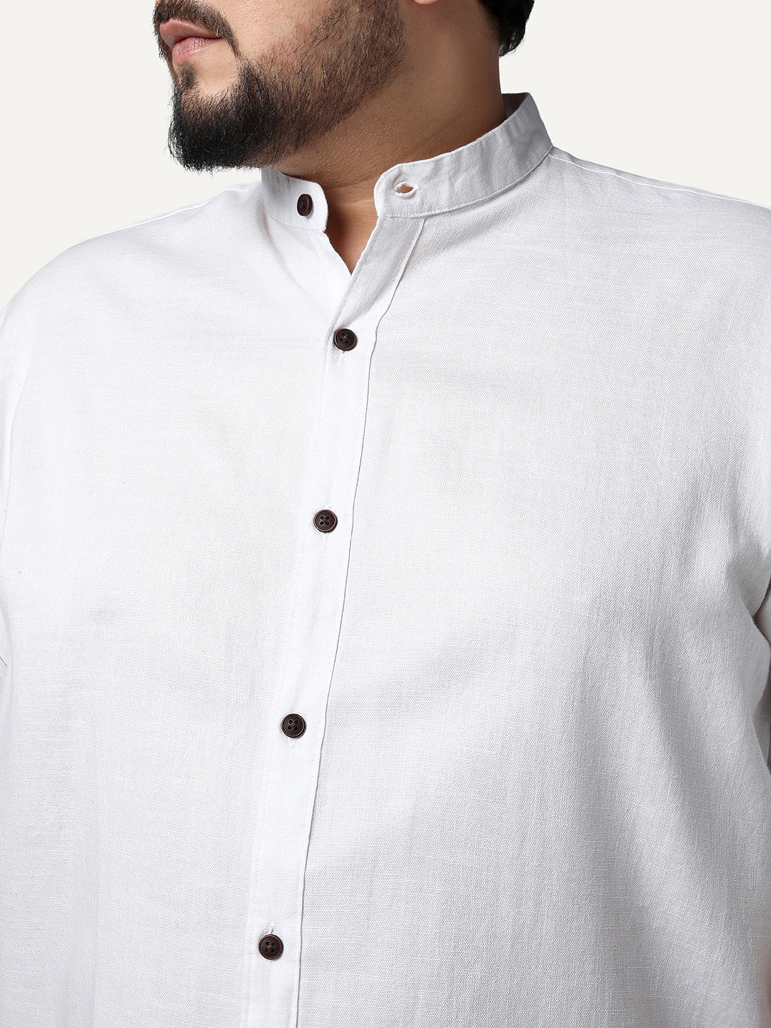 Plus Men's White Linen Blend Full Sleeve Relaxed Fit Mandarin Collar Casual Solid Shirt - Image 5