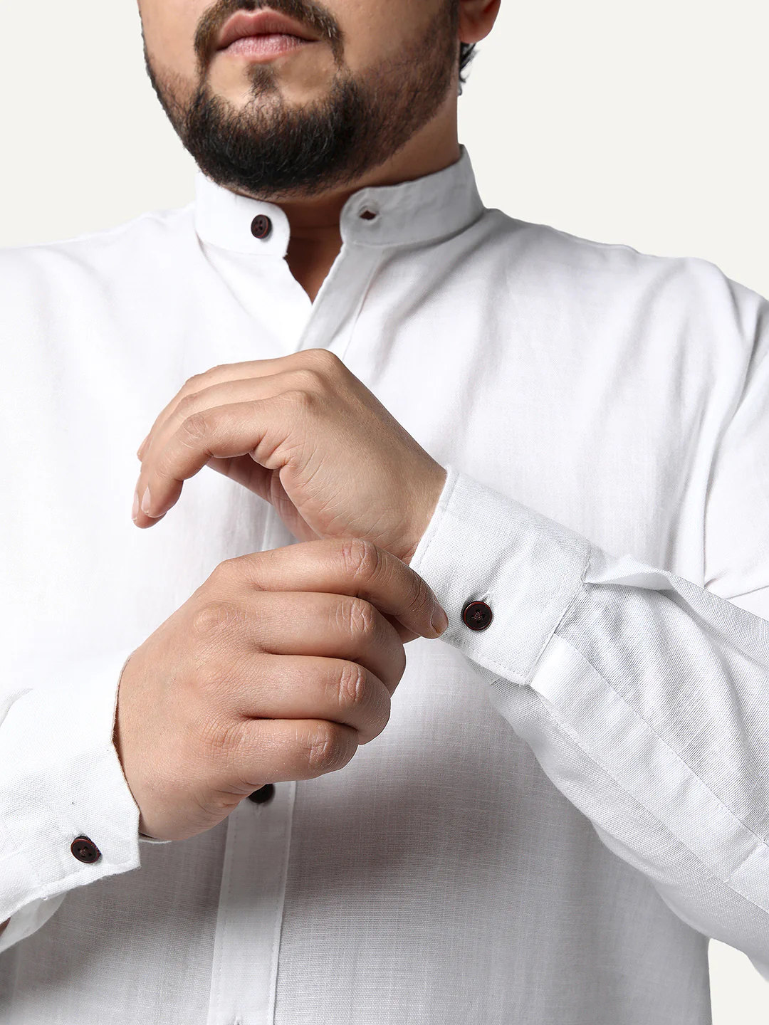 Plus Men's White Linen Blend Full Sleeve Relaxed Fit Mandarin Collar Casual Solid Shirt - Image 6