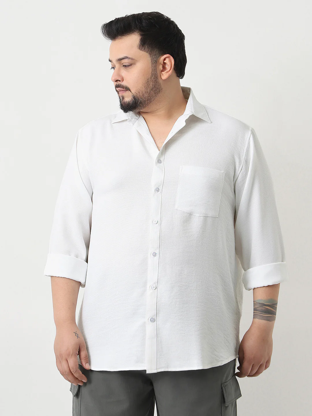 Plus Men's White Linen Blend Full Sleeve Relaxed Fit Casual Solid Shirt - Image 3