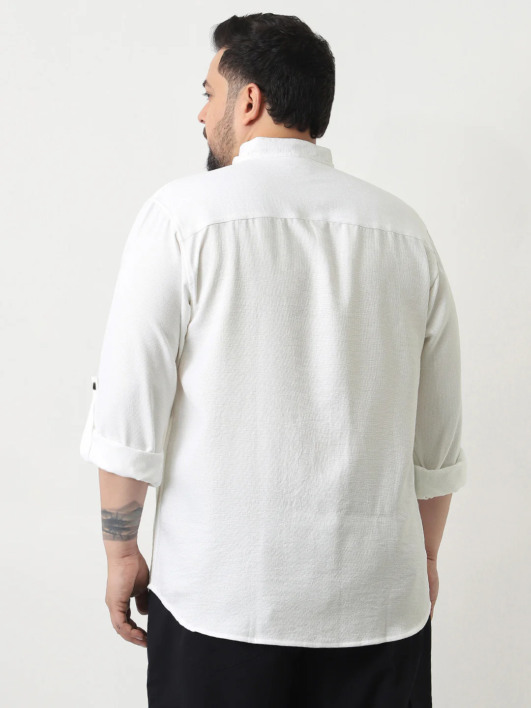 Plus Men's White Linen Blend Full Sleeve Relaxed Fit Mandarin Collar Casual Solid Shirt - Image 3