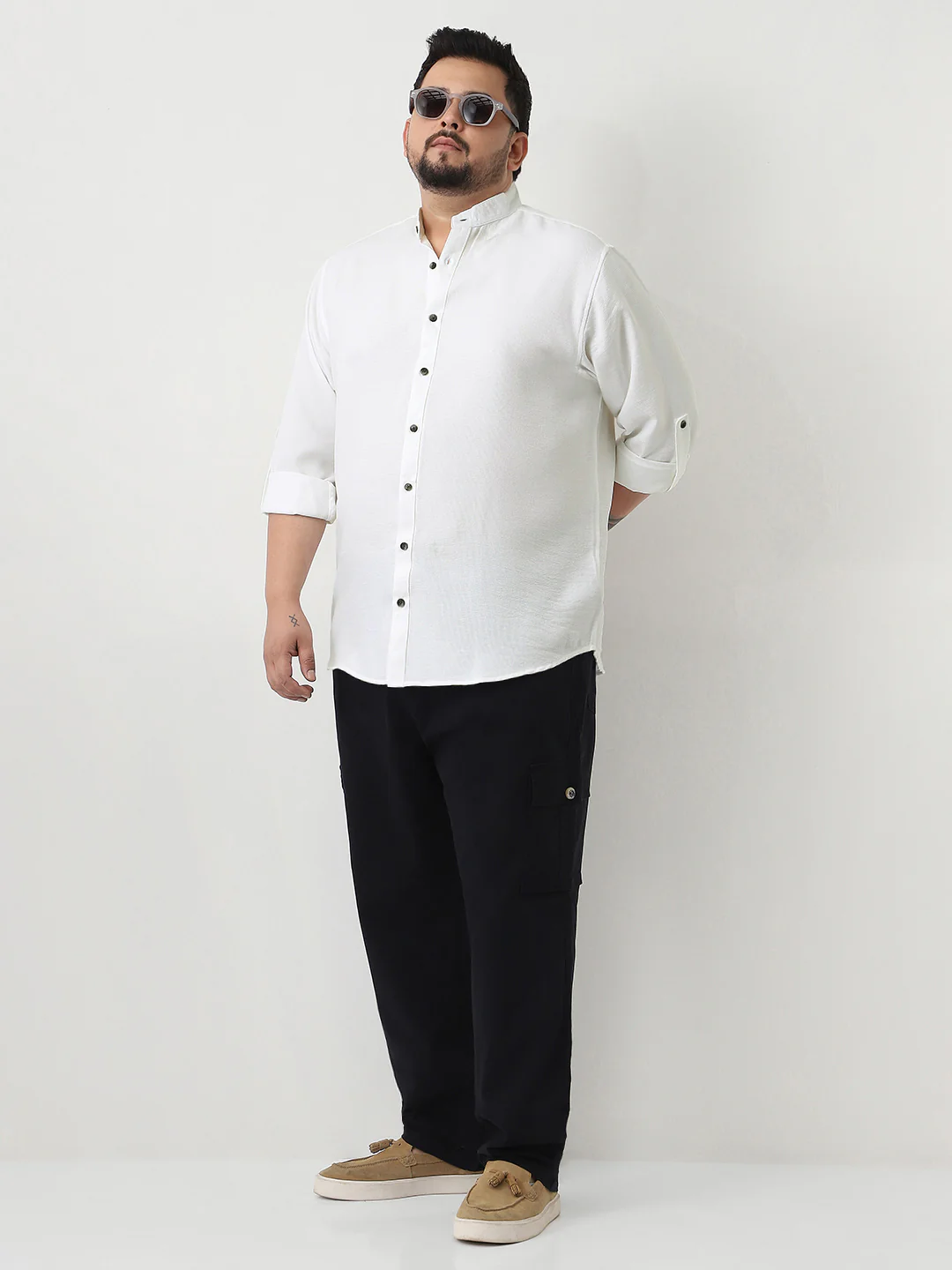 Plus Men's White Linen Blend Full Sleeve Relaxed Fit Mandarin Collar Casual Solid Shirt - Image 4