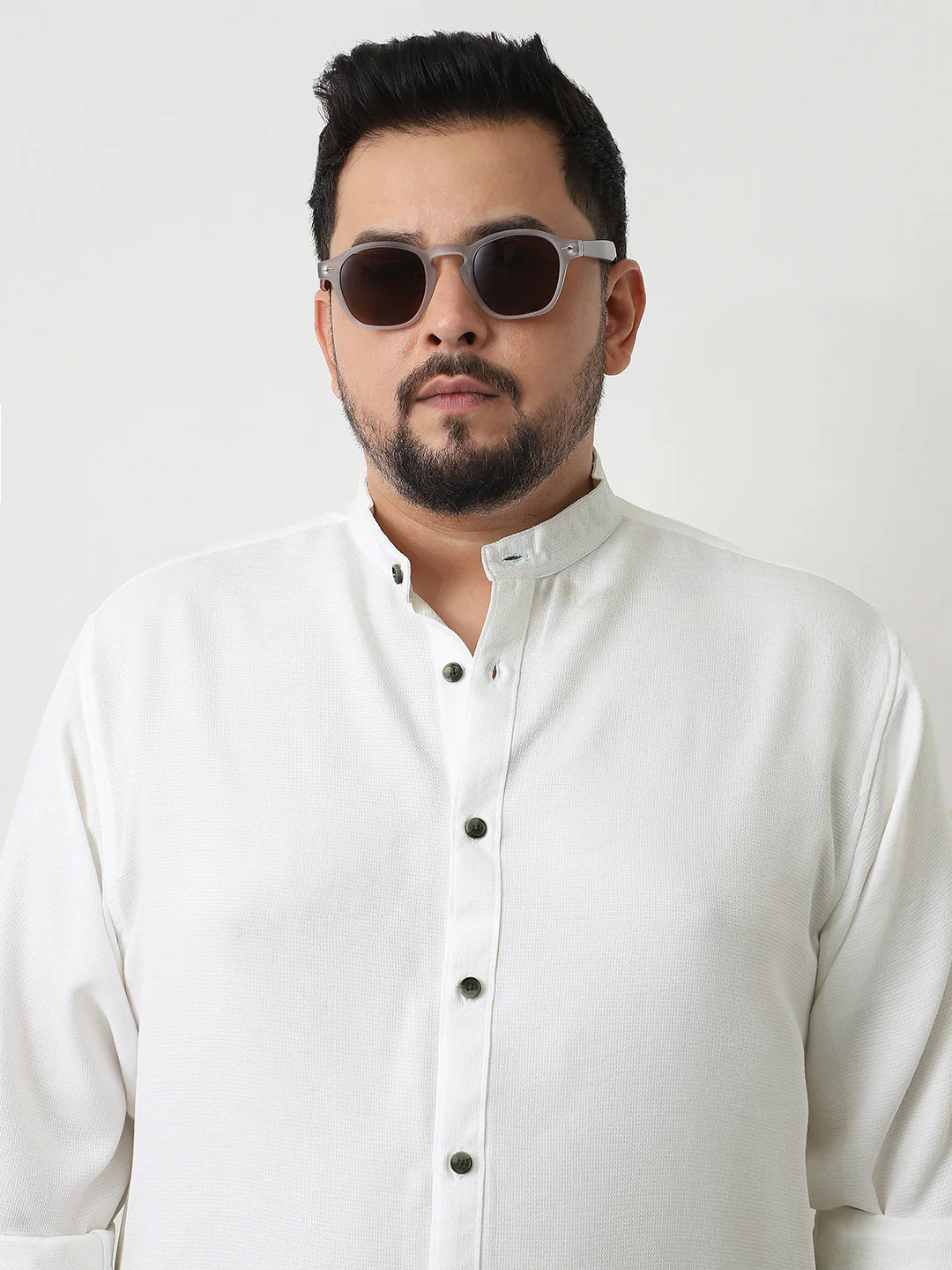 Plus Men's White Linen Blend Full Sleeve Relaxed Fit Mandarin Collar Casual Solid Shirt - Image 5
