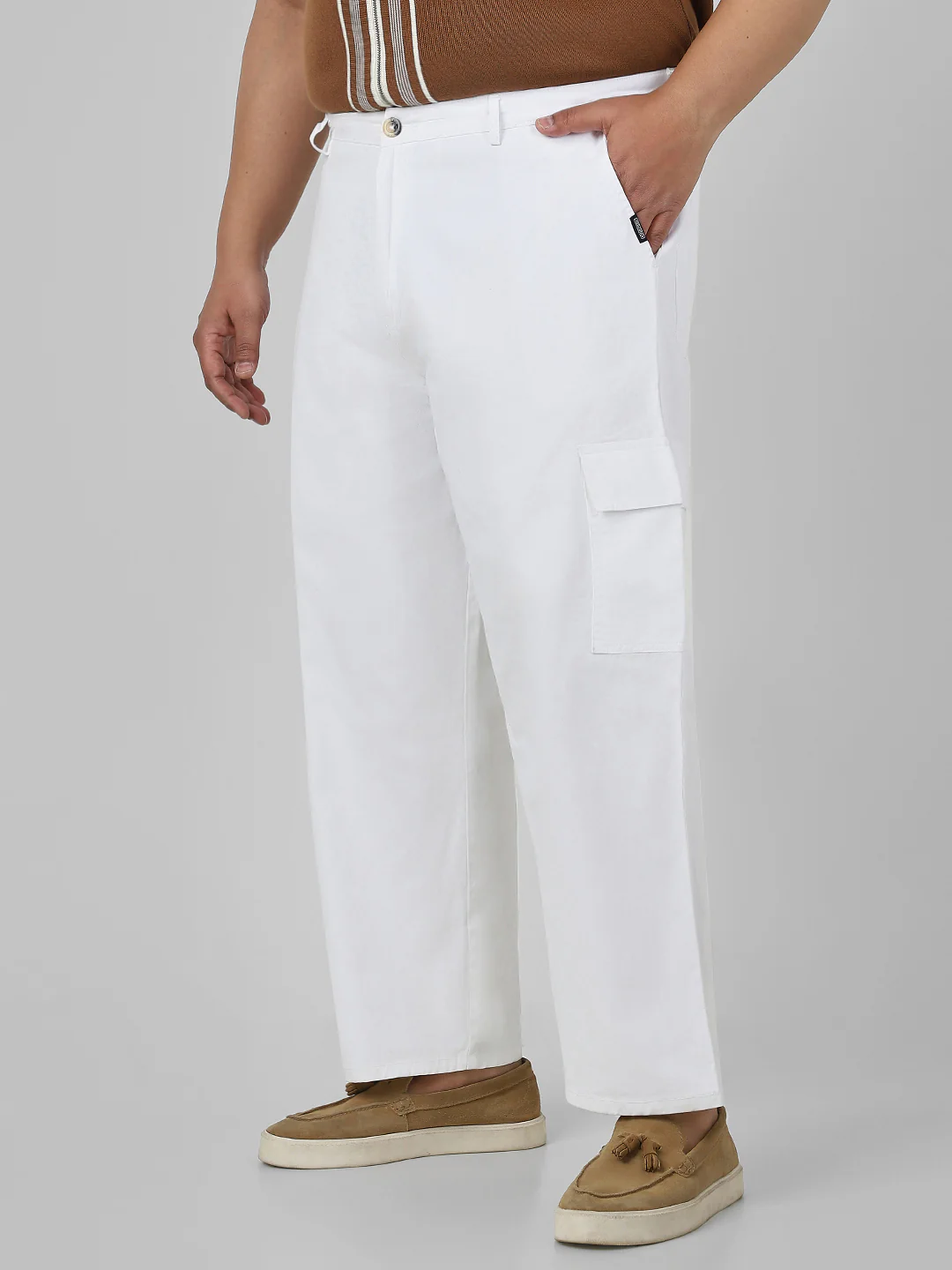Plus Men's White Loose Baggy Fit Solid Cargo Chino Pant with 6 Pockets Non-Stretchable - Image 2