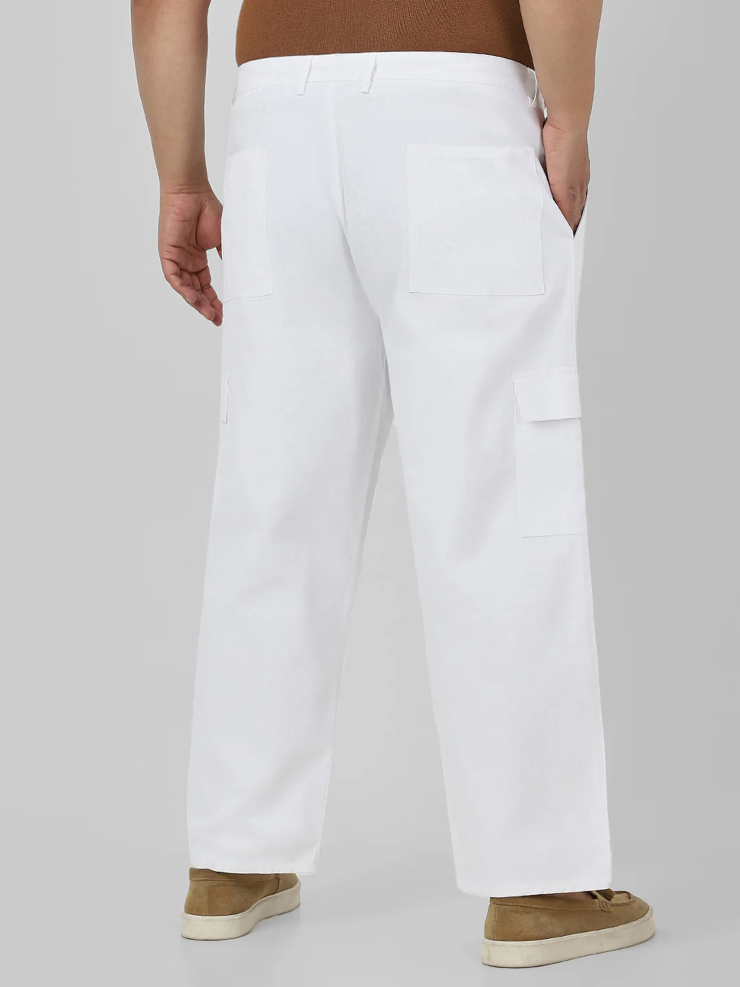 Plus Men's White Loose Baggy Fit Solid Cargo Chino Pant with 6 Pockets Non-Stretchable - Image 3