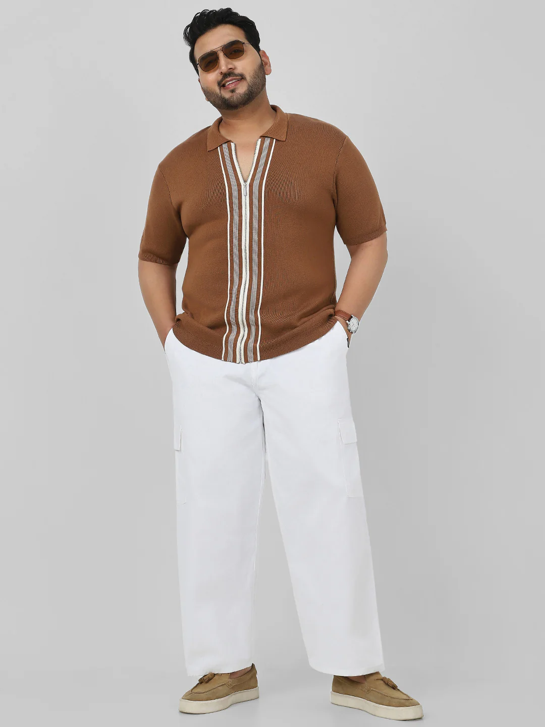 Plus Men's White Loose Baggy Fit Solid Cargo Chino Pant with 6 Pockets Non-Stretchable - Image 4