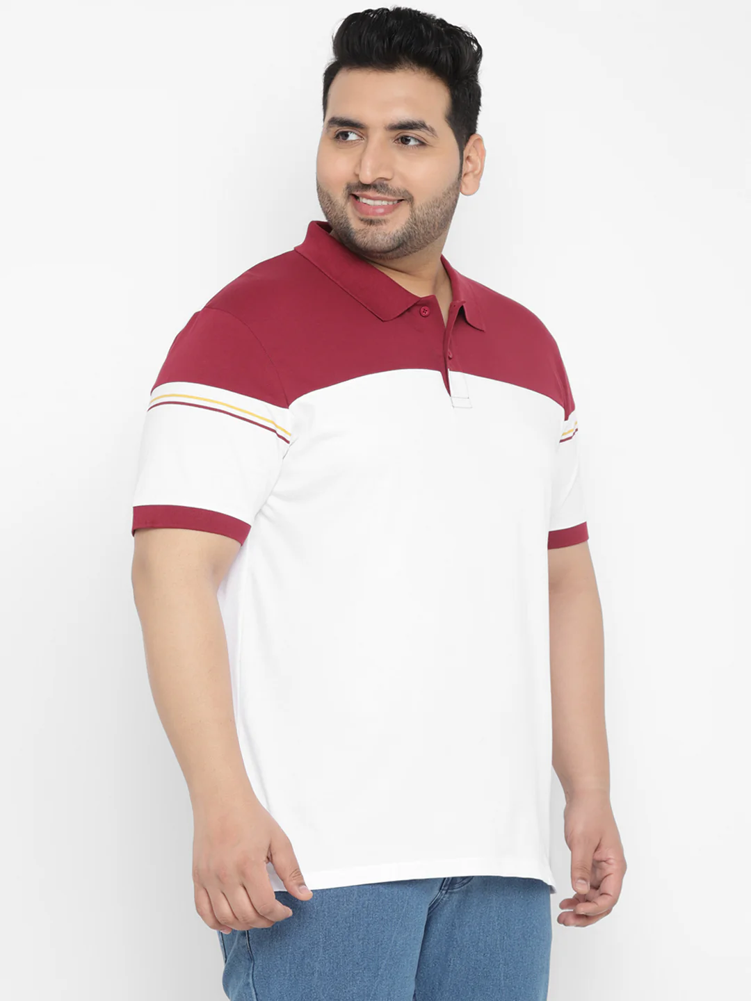 Plus Men's White, Maroon Colour-Block Regular Fit Half Sleeve Cotton Polo T-Shirt - Image 2