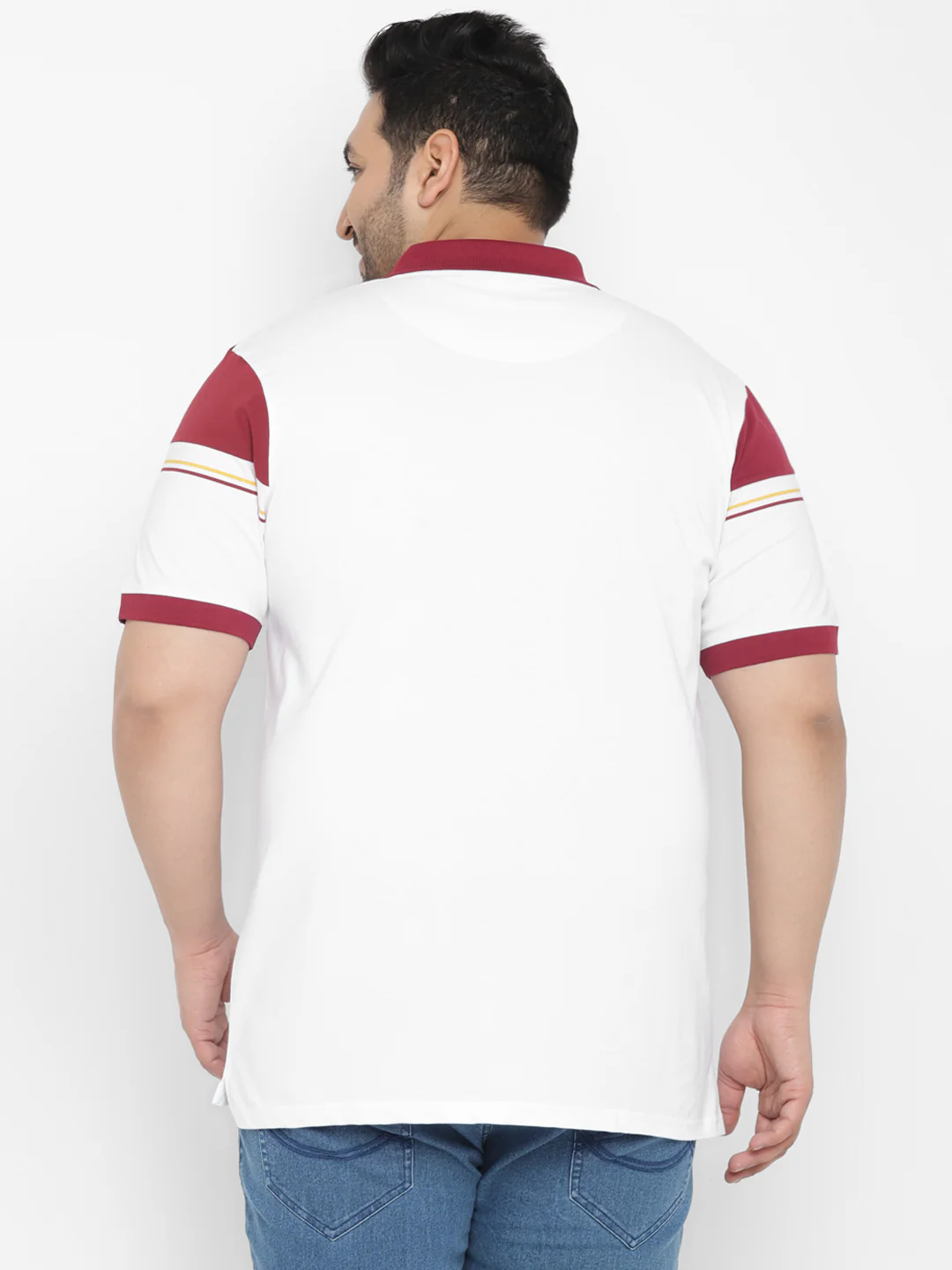 Plus Men's White, Maroon Colour-Block Regular Fit Half Sleeve Cotton Polo T-Shirt - Image 3