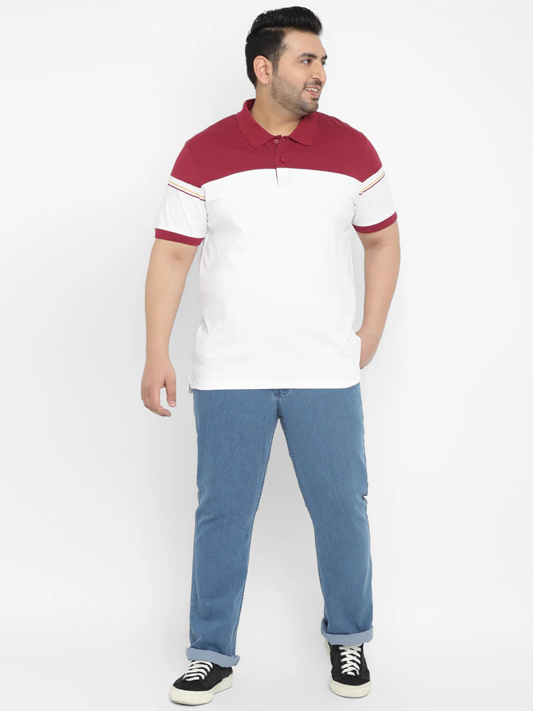 Plus Men's White, Maroon Colour-Block Regular Fit Half Sleeve Cotton Polo T-Shirt - Image 4