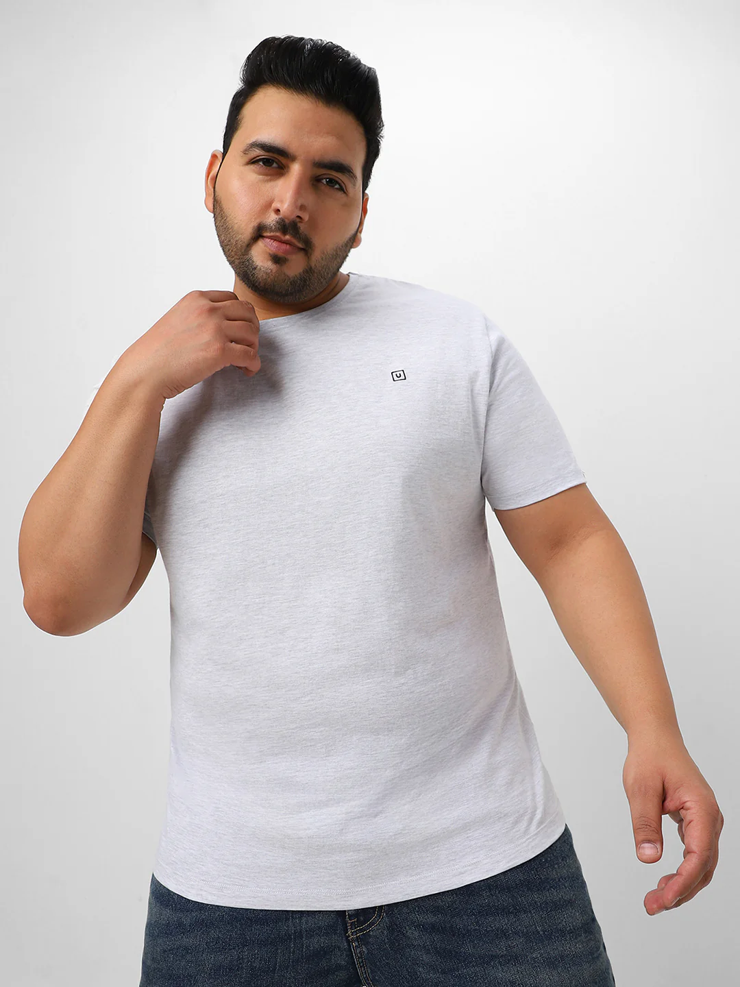 Plus Men's White Melange Solid Regular Fit Round Neck Cotton T-Shirt - Image 2