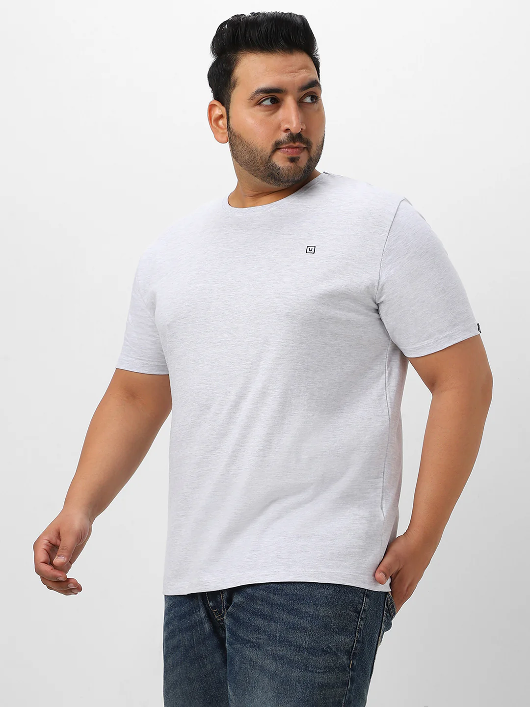 Plus Men's White Melange Solid Regular Fit Round Neck Cotton T-Shirt - Image 3