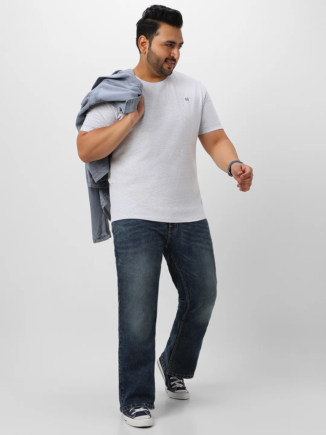 Plus Men's White Melange Solid Regular Fit Round Neck Cotton T-Shirt - Image 5