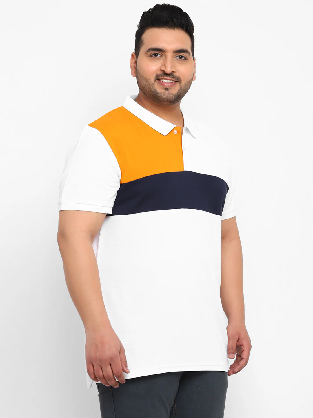 Plus Men's White, Navy Blue, Gold Colour-Block Regular Fit Half Sleeve Cotton Polo T-Shirt - Image 2