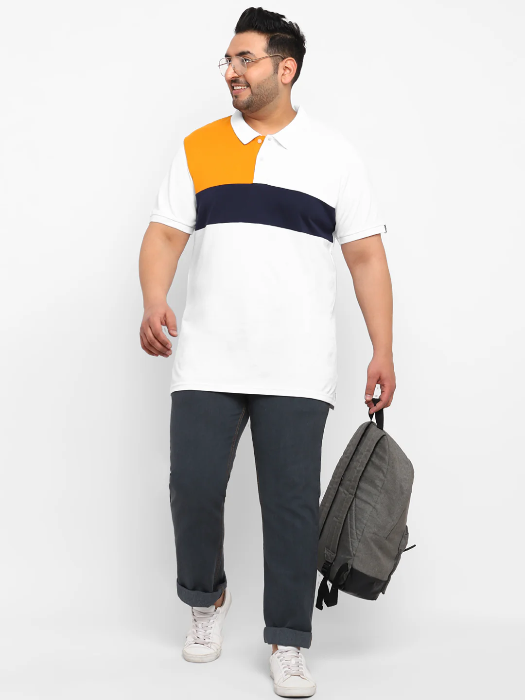Plus Men's White, Navy Blue, Gold Colour-Block Regular Fit Half Sleeve Cotton Polo T-Shirt - Image 4