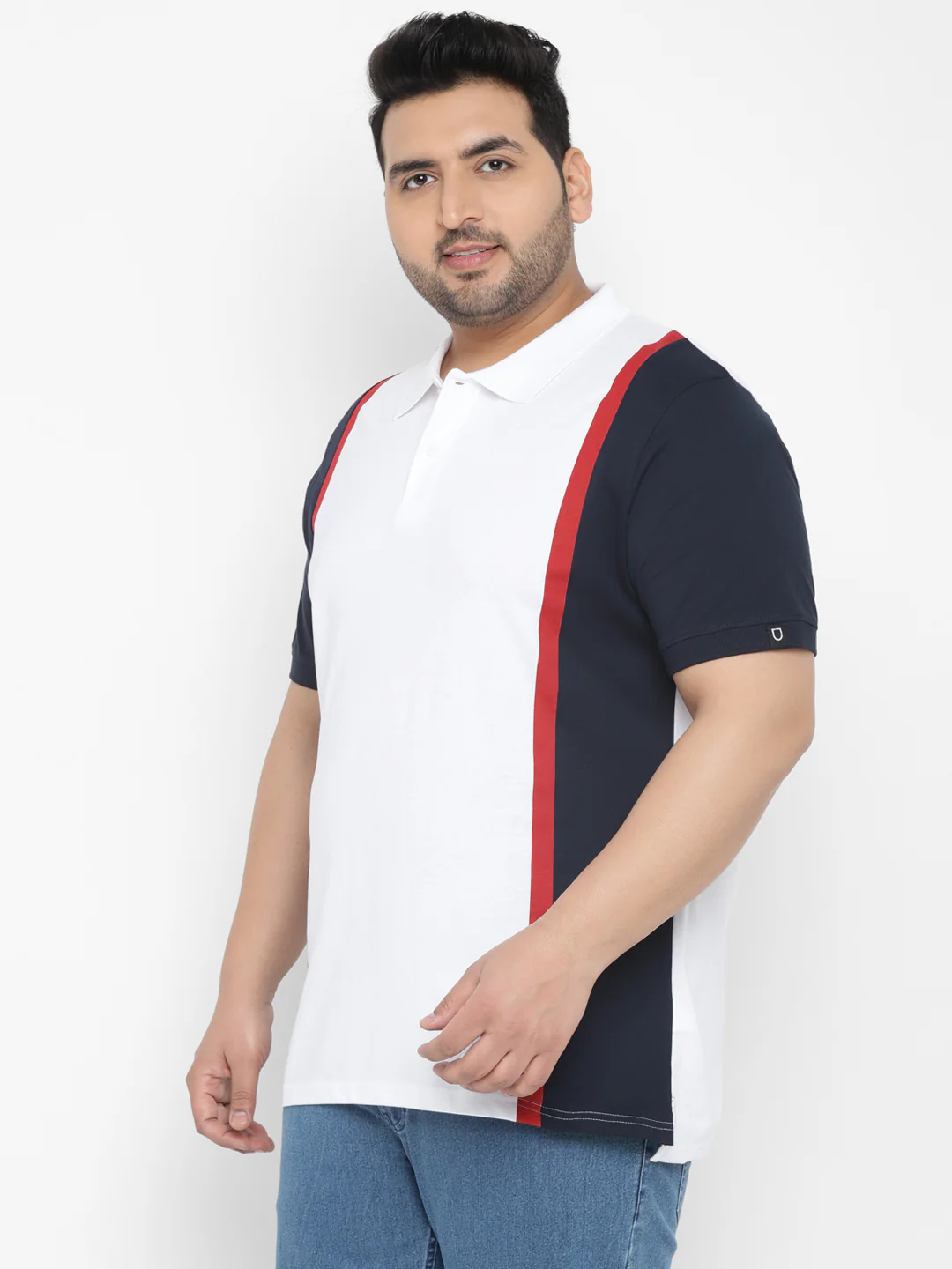 Plus Men's White, Navy Blue, Red Colour-Block Regular Fit Half Sleeve Cotton Polo T-Shirt - Image 2