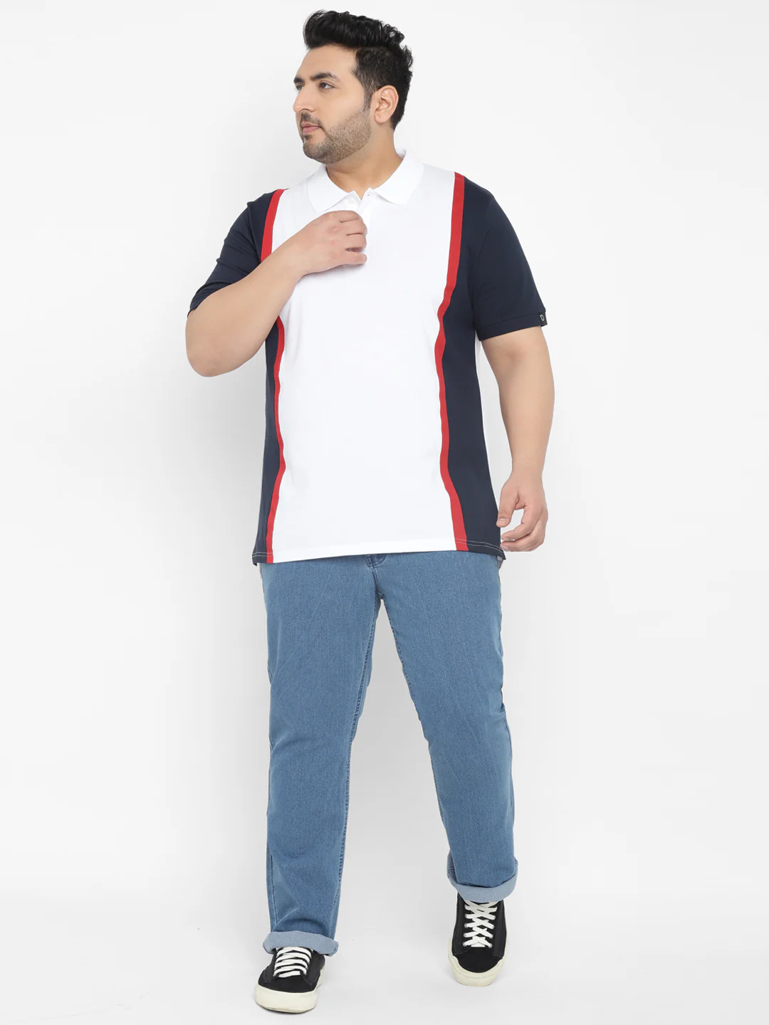 Plus Men's White, Navy Blue, Red Colour-Block Regular Fit Half Sleeve Cotton Polo T-Shirt - Image 4