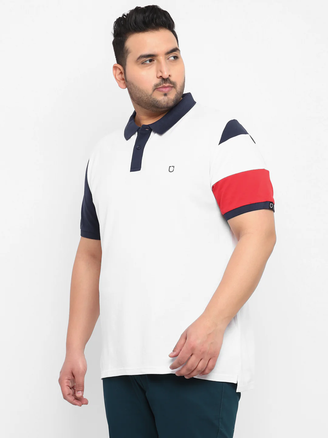 Plus Men's White, Navy Blue, Red Colour-Block Regular Fit Half Sleeve Cotton Polo T-Shirt - Image 2