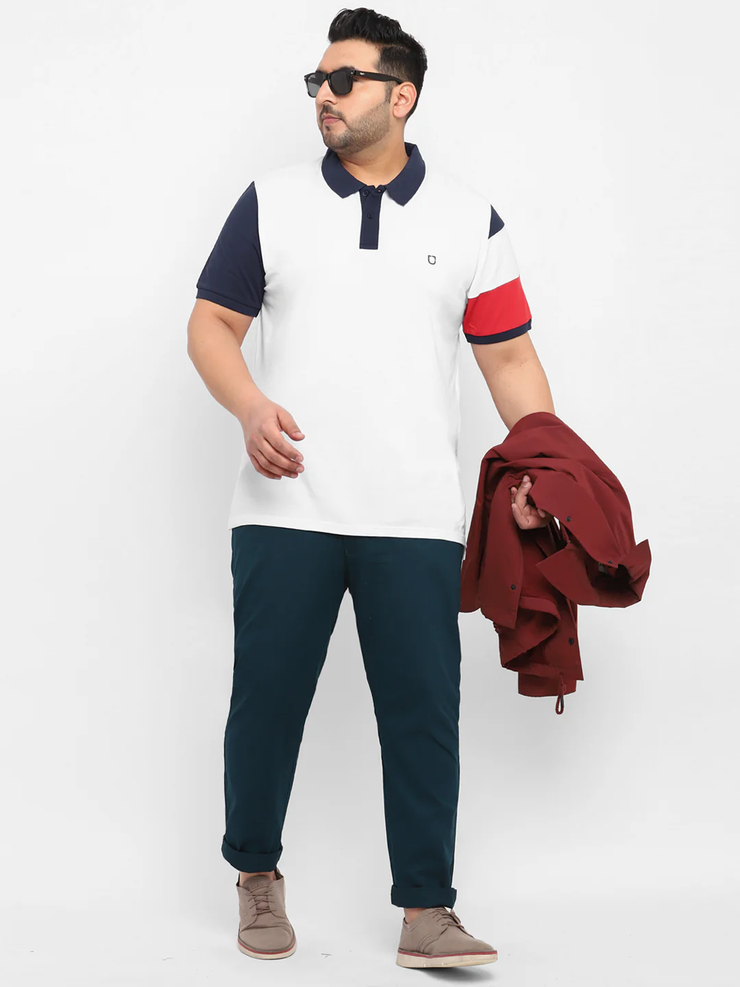 Plus Men's White, Navy Blue, Red Colour-Block Regular Fit Half Sleeve Cotton Polo T-Shirt - Image 4