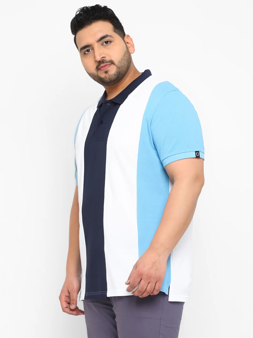 Plus Men's White, Navy Blue, Sky Blue Colour-Block Regular Fit Half Sleeve Cotton Polo T-Shirt - Image 2