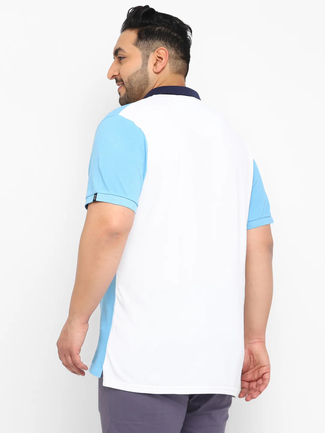Plus Men's White, Navy Blue, Sky Blue Colour-Block Regular Fit Half Sleeve Cotton Polo T-Shirt - Image 3