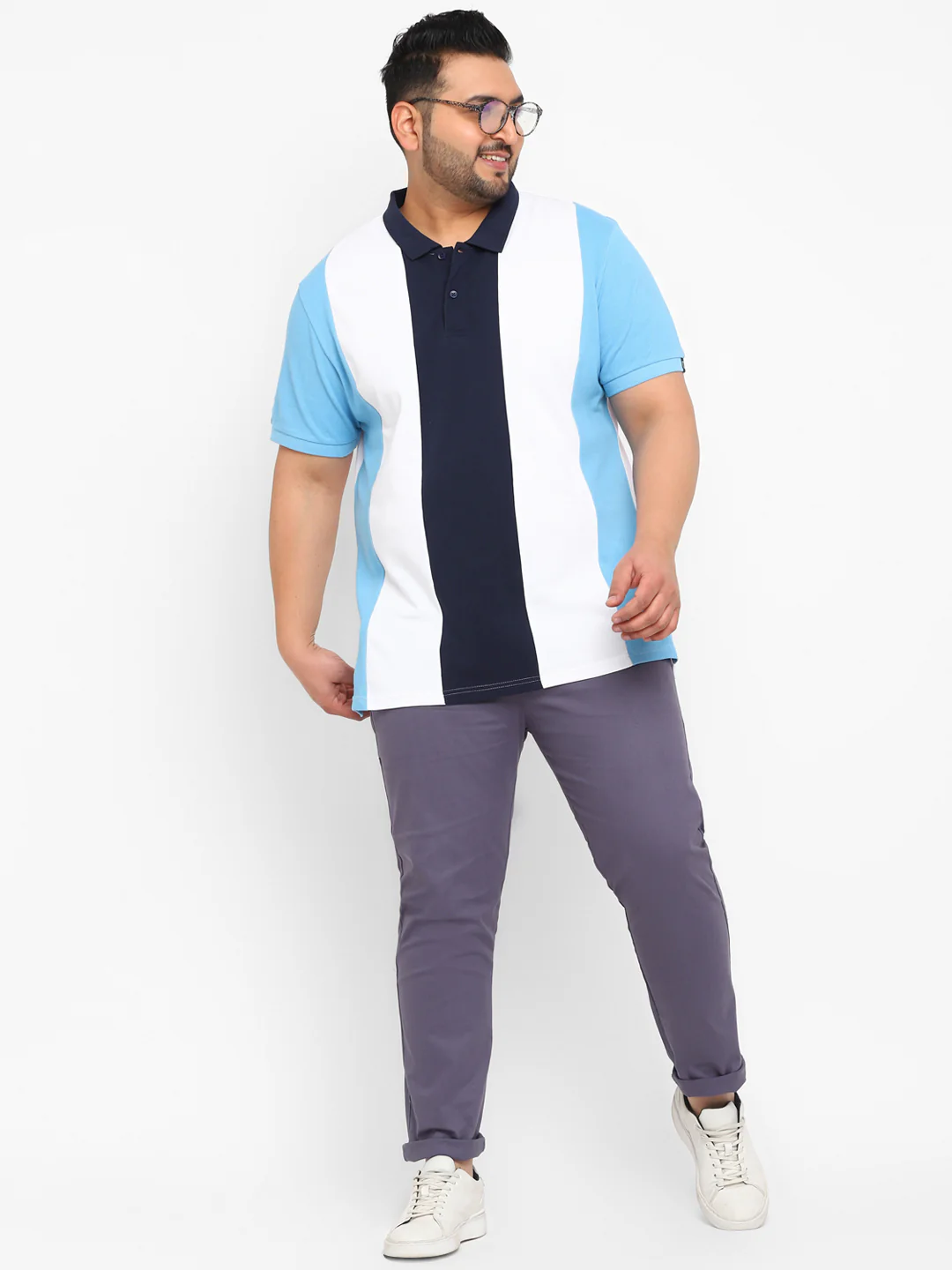 Plus Men's White, Navy Blue, Sky Blue Colour-Block Regular Fit Half Sleeve Cotton Polo T-Shirt - Image 4