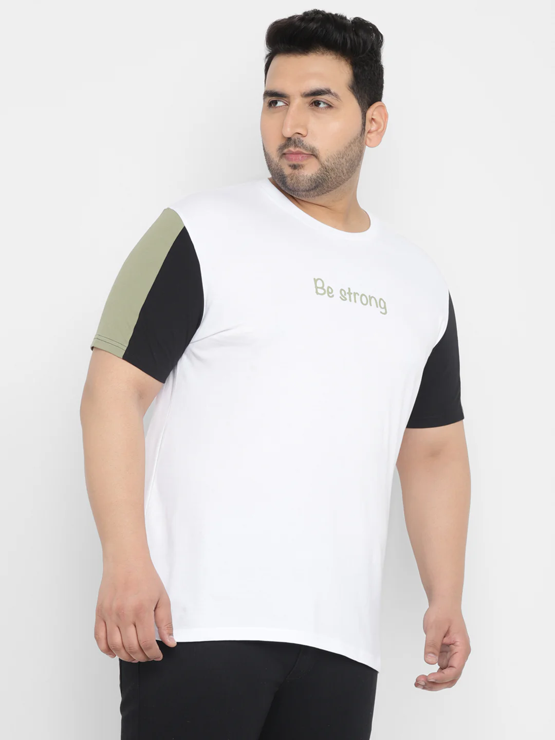 Plus Men's White, Olive, Black Color-Block Regular Fit Half Sleeve Cotton T-Shirt - Image 2