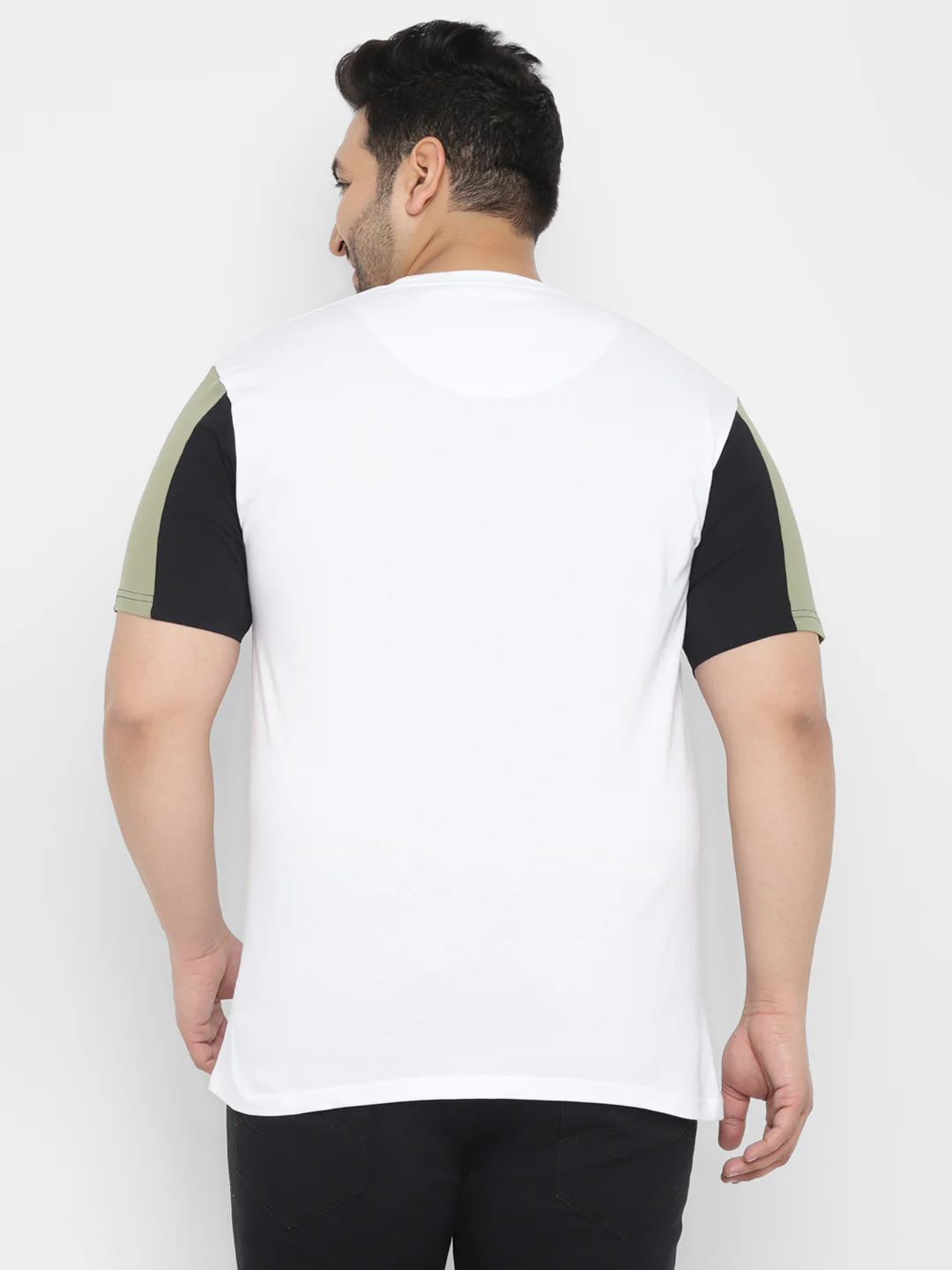 Plus Men's White, Olive, Black Color-Block Regular Fit Half Sleeve Cotton T-Shirt - Image 3
