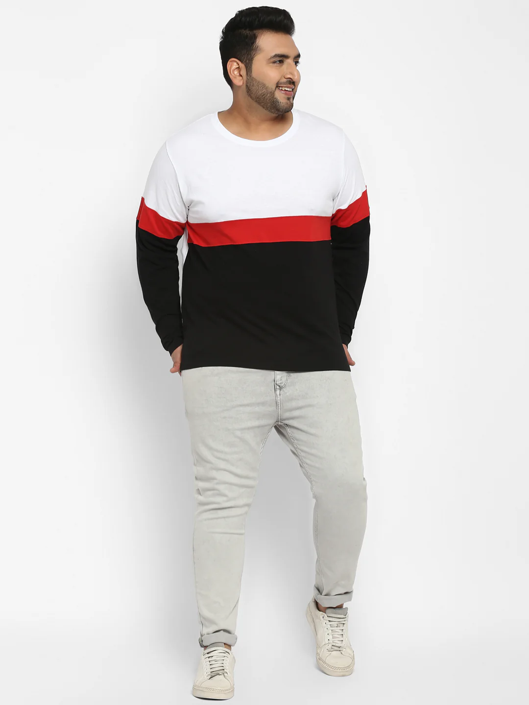 Plus Men's White, Red, Black Colour-Block Regular Fit Full Sleeve Cotton T-Shirt - Image 2