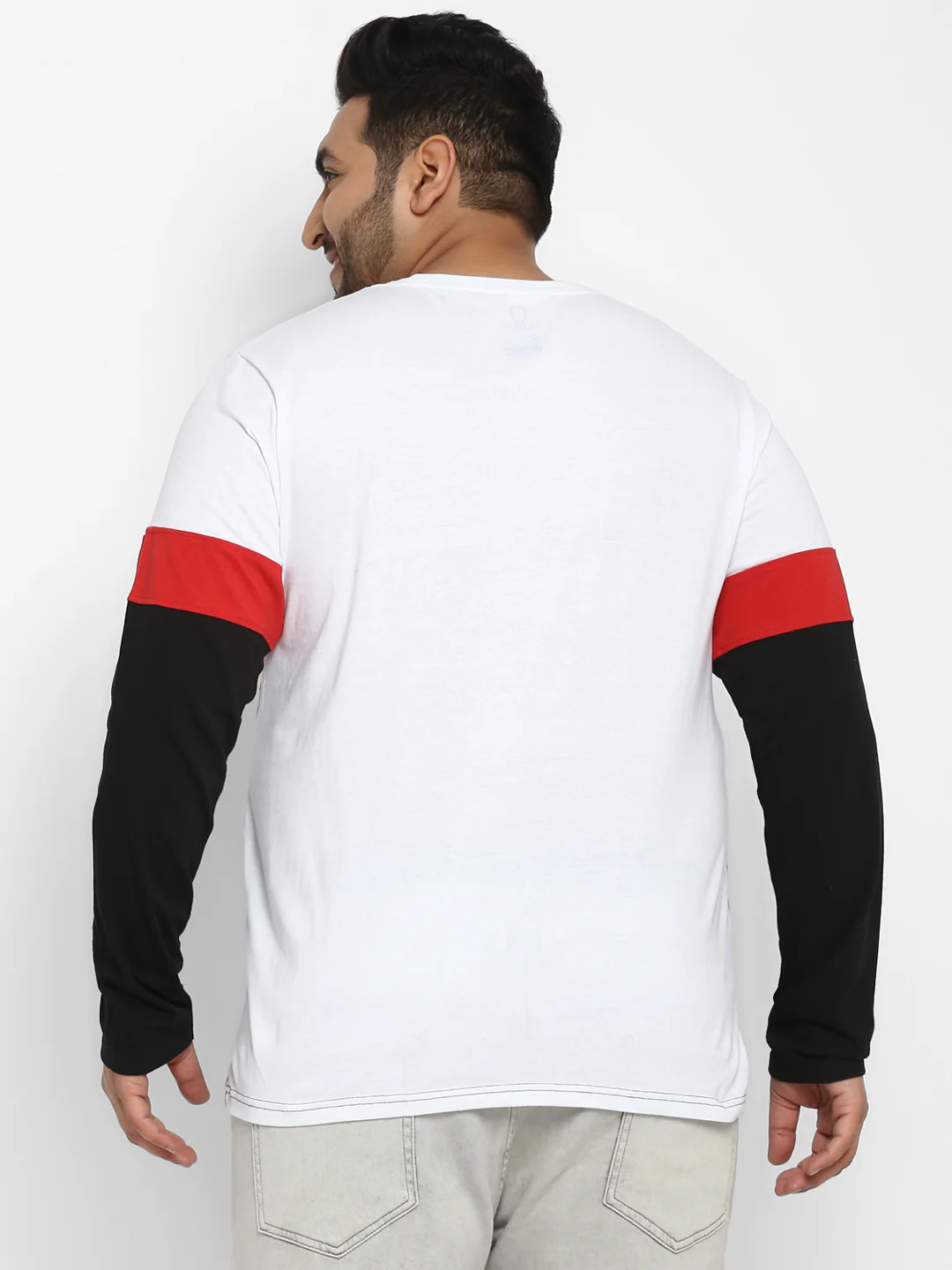 Plus Men's White, Red, Black Colour-Block Regular Fit Full Sleeve Cotton T-Shirt - Image 3