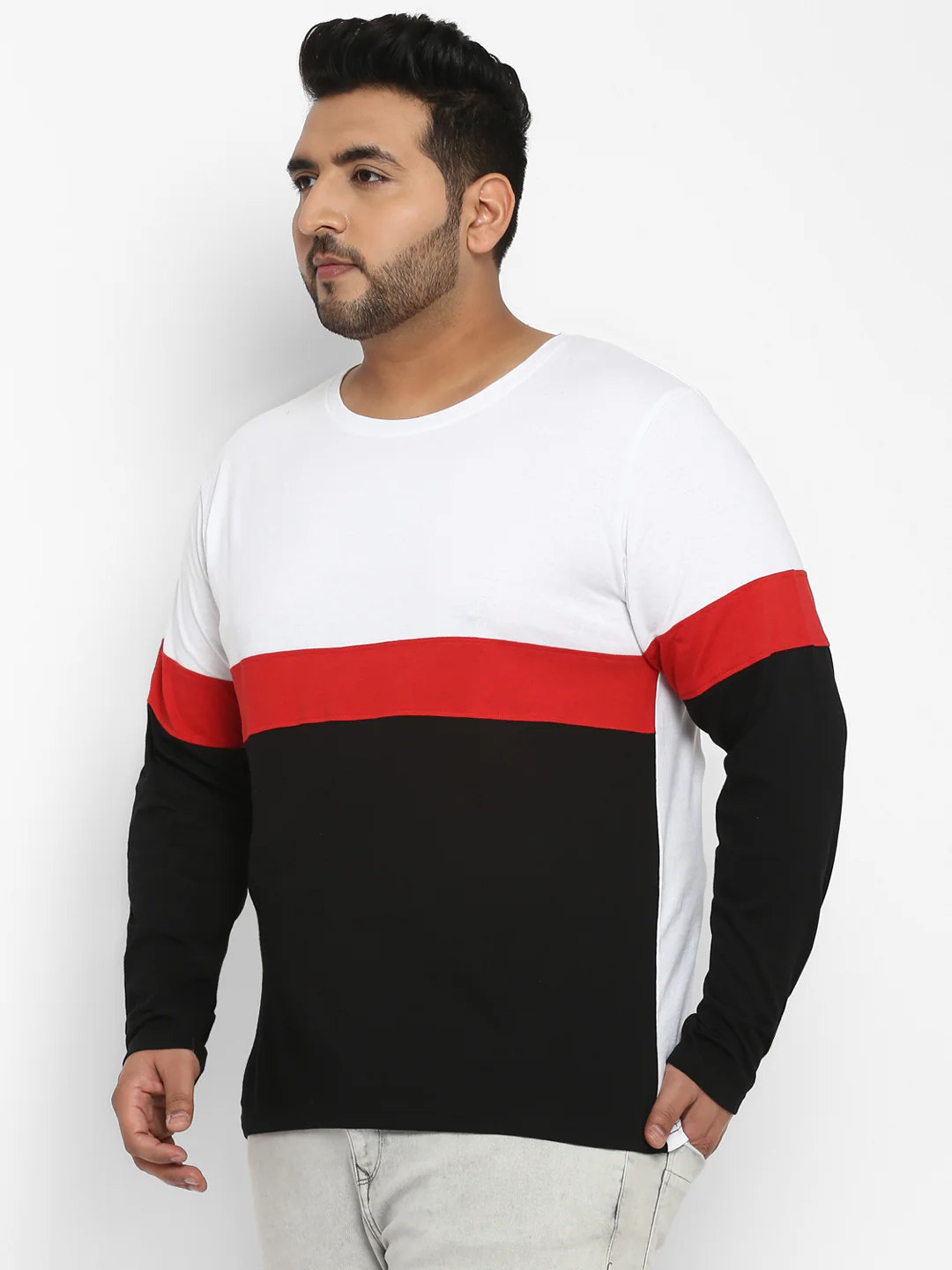 Plus Men's White, Red, Black Colour-Block Regular Fit Full Sleeve Cotton T-Shirt - Image 4