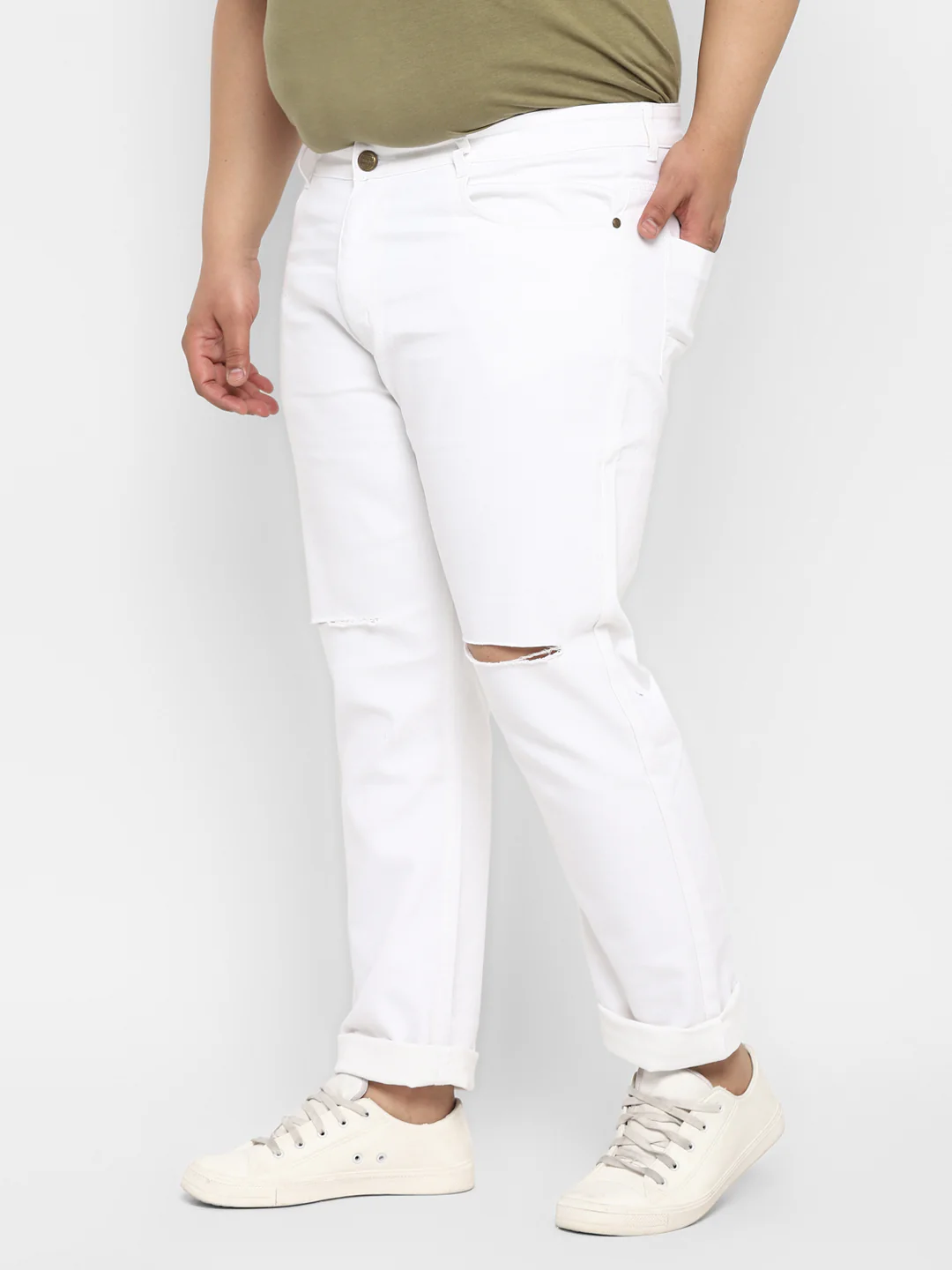 Plus Men's White Regular Fit Knee Slit Distressed Jeans Stretchable - Image 2