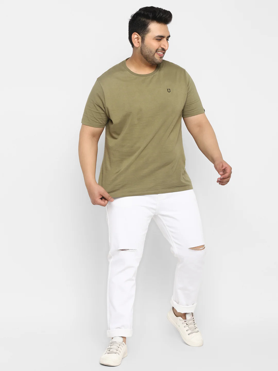 Plus Men's White Regular Fit Knee Slit Distressed Jeans Stretchable - Image 4
