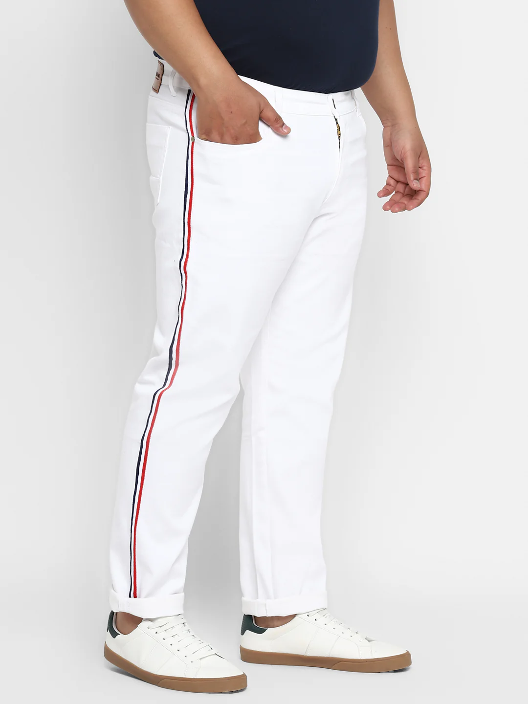 Plus Men's White Regular Fit Side Striped Denim Jeans Stretchable - Image 2
