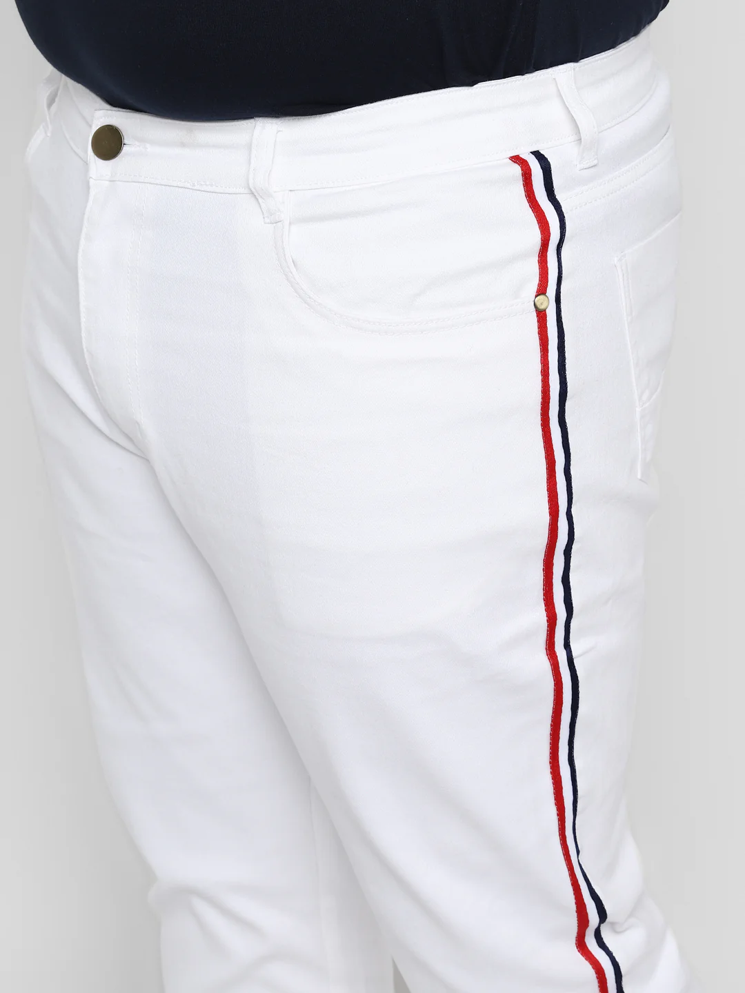 Plus Men's White Regular Fit Side Striped Denim Jeans Stretchable - Image 5