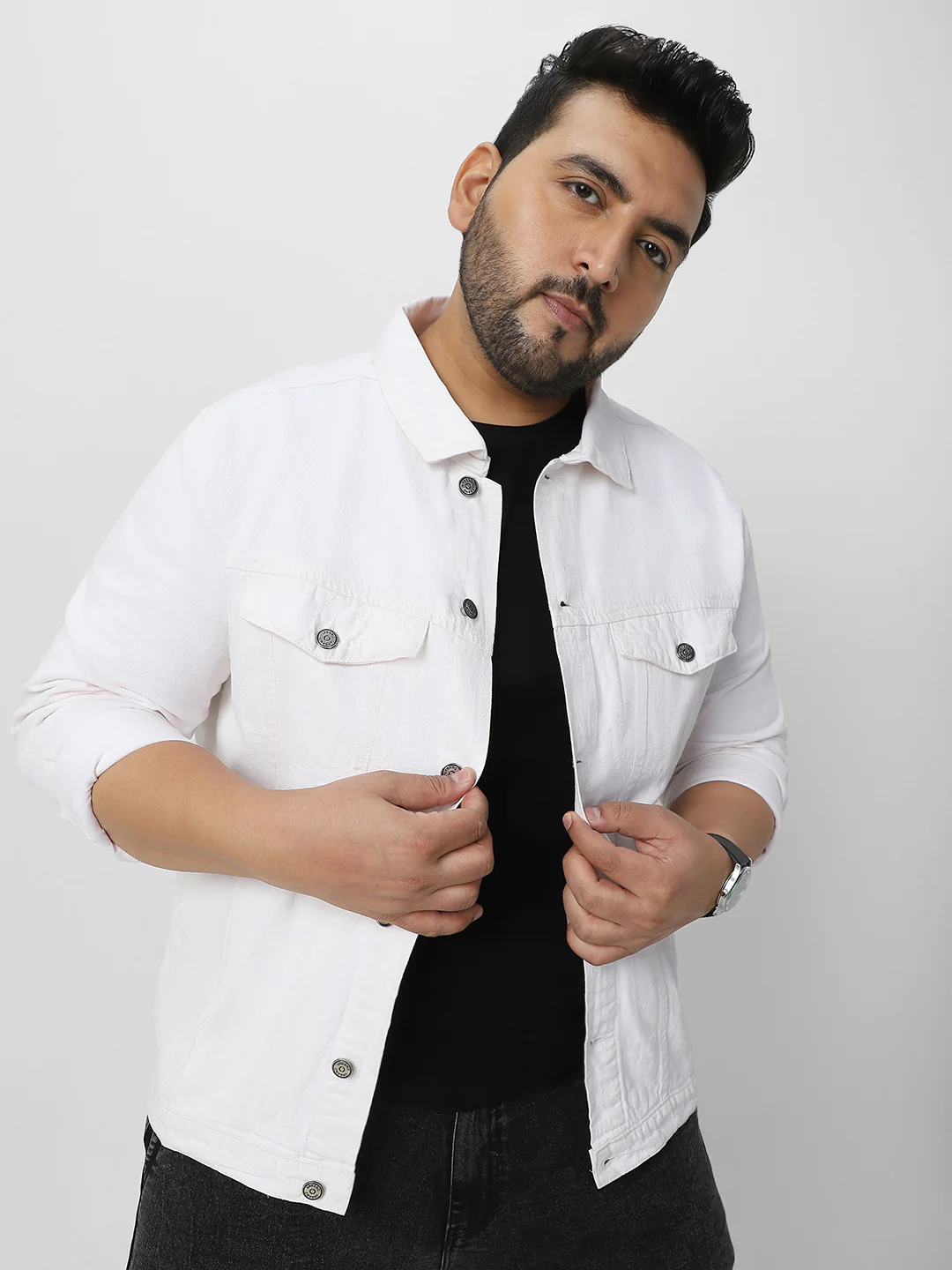 Plus Men's White Regular Fit Washed Full Sleeve Denim Jacket - Image 2